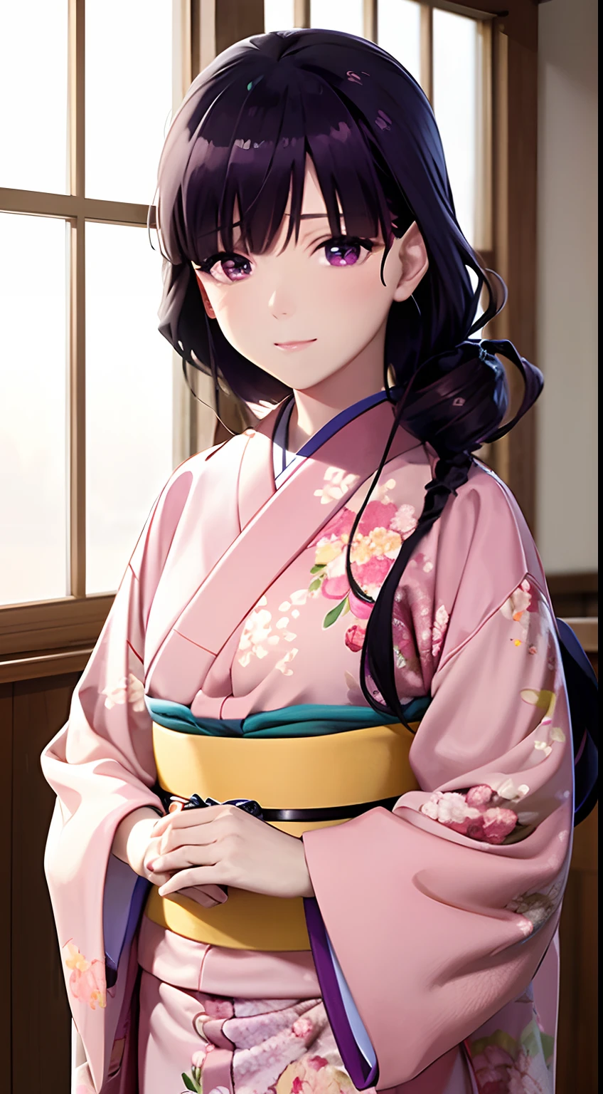 masuter piece, Best Quality, 超A high resolution, top-quality, Anime style, My happy marriage, Saimori Mercer, Beautiful woman in pink kimono, Black-purple hair, Longhaire, Beautiful kimono with cherry blossom pattern, Beautiful light makeup