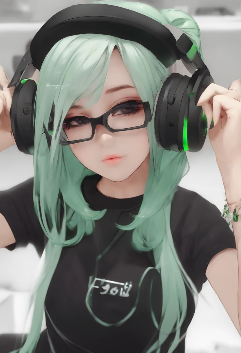 (girl with perfect face)+(anime model character)+(3D)+(black mask)+(headphones)+(sunglasses)+(dark background)+(Super realistic in all features)+(high quality )+(super quality)+(anime model character)+ ("techwear boy wearing LED mask")+("green hair, with half of the hair cut, rock girl model")+("black glasses" )+("hair color smoke in the room")