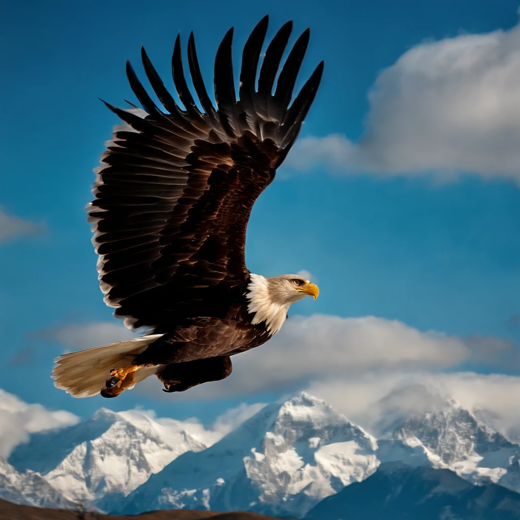(((Create a masterpiece of a great eagle))) volando con gracia en el cielo, (((Con majestuosas alas en movimiento))), With the stunning backdrop of the skyline, emergiendo de la cima del Everest.