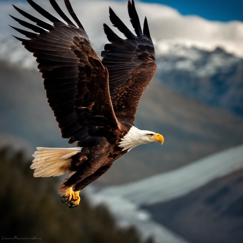 (((Create a masterpiece of a great eagle))) volando con gracia en el cielo, (((Con majestuosas alas en movimiento))), With the stunning backdrop of the skyline, emergiendo de la cima del Everest.