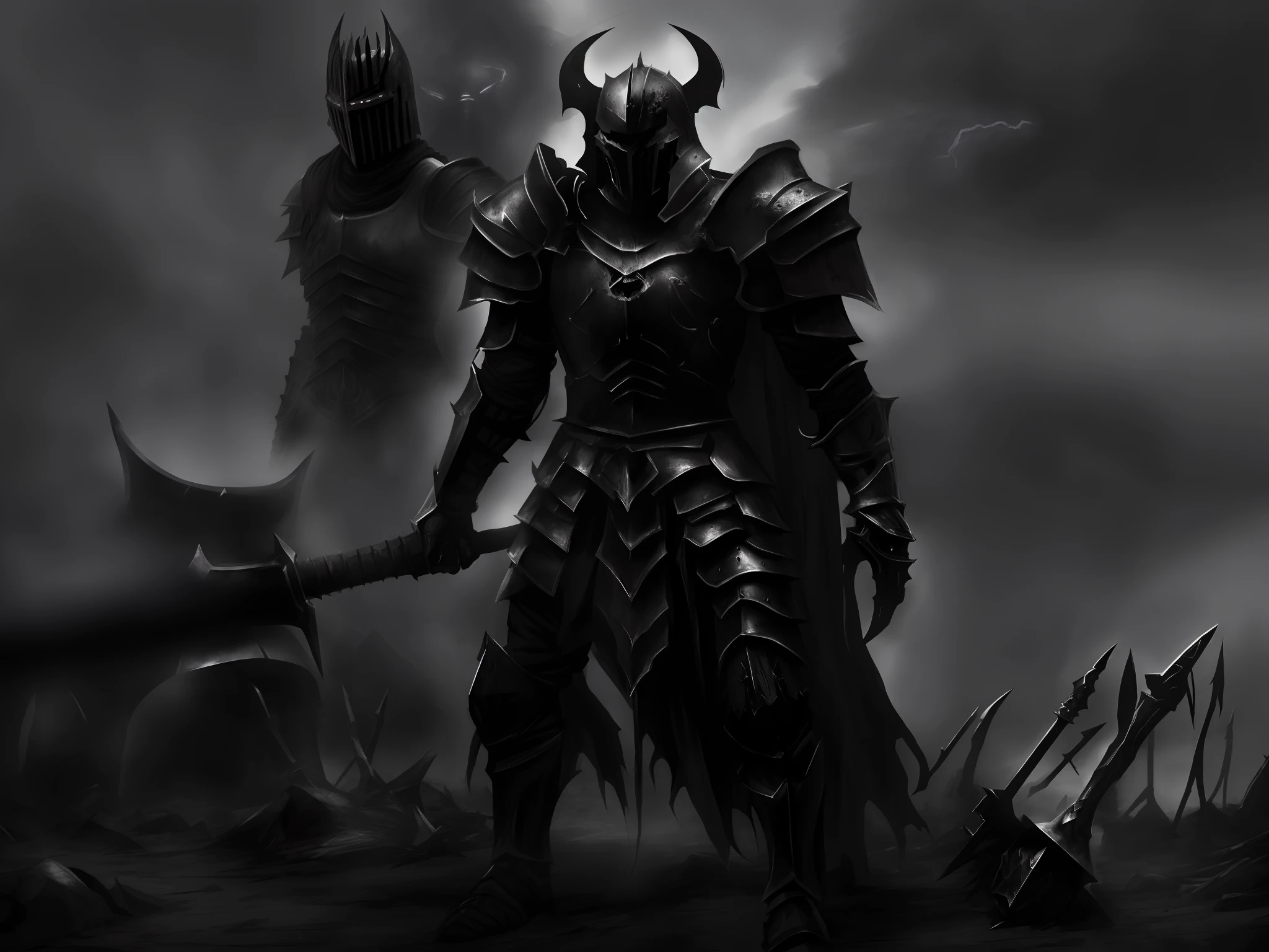 image of a man in armor holding a battleaxe, dark warrior, dark armor, evil knight, black armour, berserk skullknight black armor, dark soul armor concept, dark soul concept, black armor, armored warrior, dark souls knight, gothic knight, scary knight, dark fantasy style art, wearing a dark armor, armoured warrior, dark soul concept art ((DARKNESS)) army of souls
