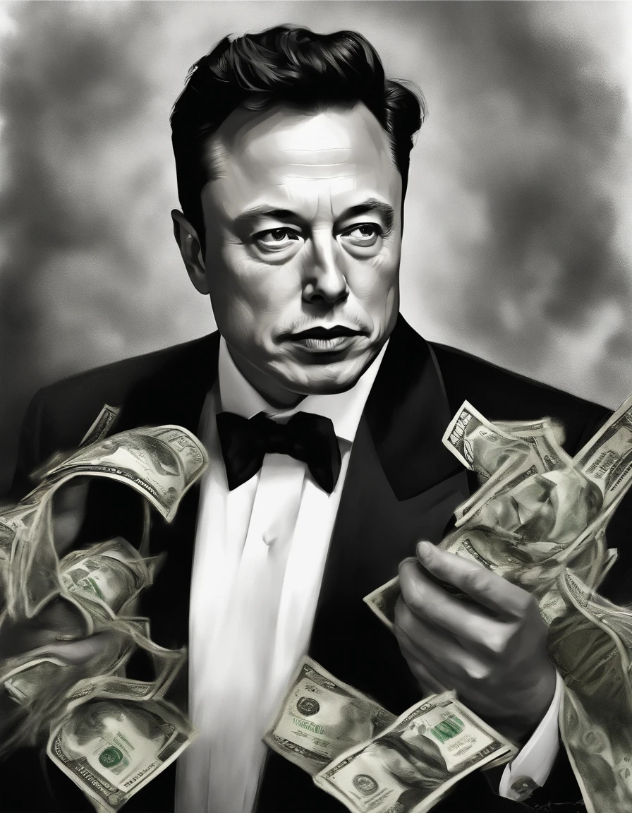 Elon Musk fighting money, Oil Painting, Harsh brush strokes, Dramatic Lighting, intense expression, Determined eyes, hold fists, sweat dripping down his face, Wrinkled suit, broken chains, Crumbling dollar bills, Crumbling Stock Market Graph, Smoke rises in the background, Black and white with a touch of gold, Realism. (Best Quality, hight resolution, Ultra-detailed), (Realistic:1.37), Professional, Vivid colors.