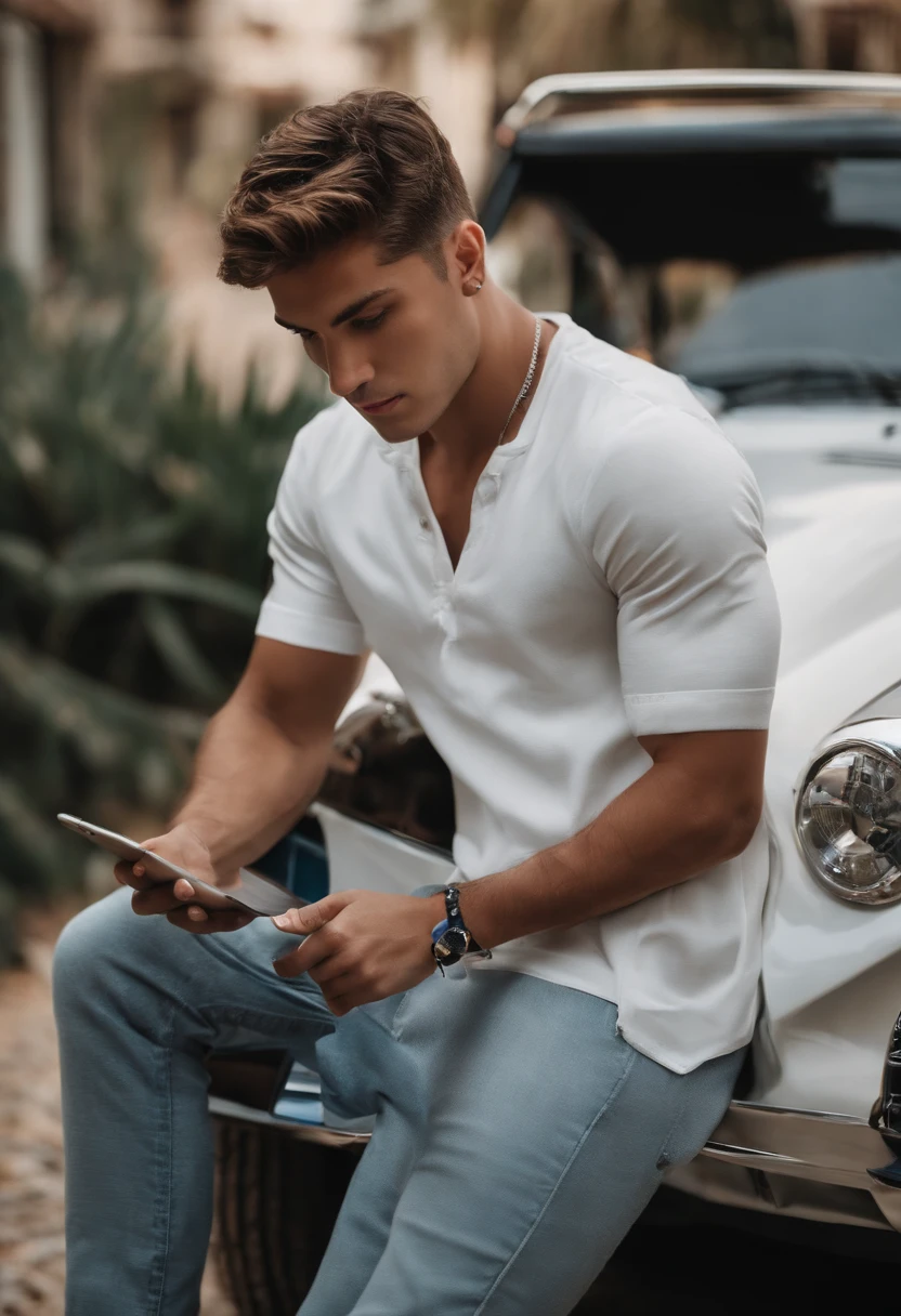 Um jovem de 20 anos , a little dark with a little hair but not bald , em frente a um pajero branco (carro) In his right hand a white pitbul and in his left hand a white iPhone X(telefone) o jovem deve estar com uma camisola da lacoste de cor azul