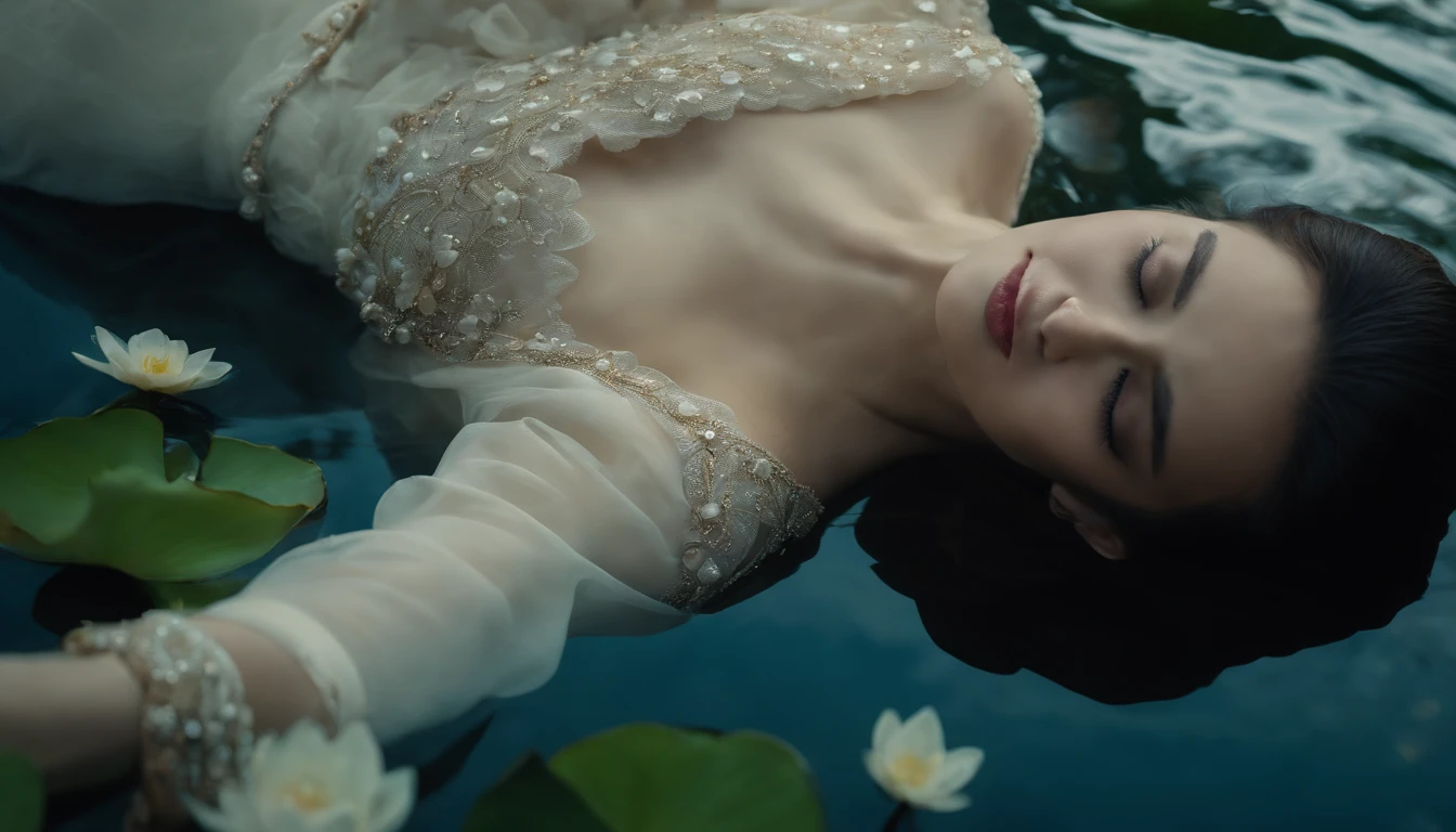 Full shot of a very pretty kazakh woman in a white dress and skirt lie down on her back on the water, open beautiful eyes, submerged in water, aesthetic reflection on the water, dynamic poses, lots of Lotus flowers, shot from above, dramatic moody, perfect anatomy, perfect object, movie scenes style, aesthetic art, vibrant, highly detailed, lots of detail, hyper realistic, 128k resolution, highly detailed, intricate art, dark lighting, rays tracing, shadow light, dynamic composition, 500px photography