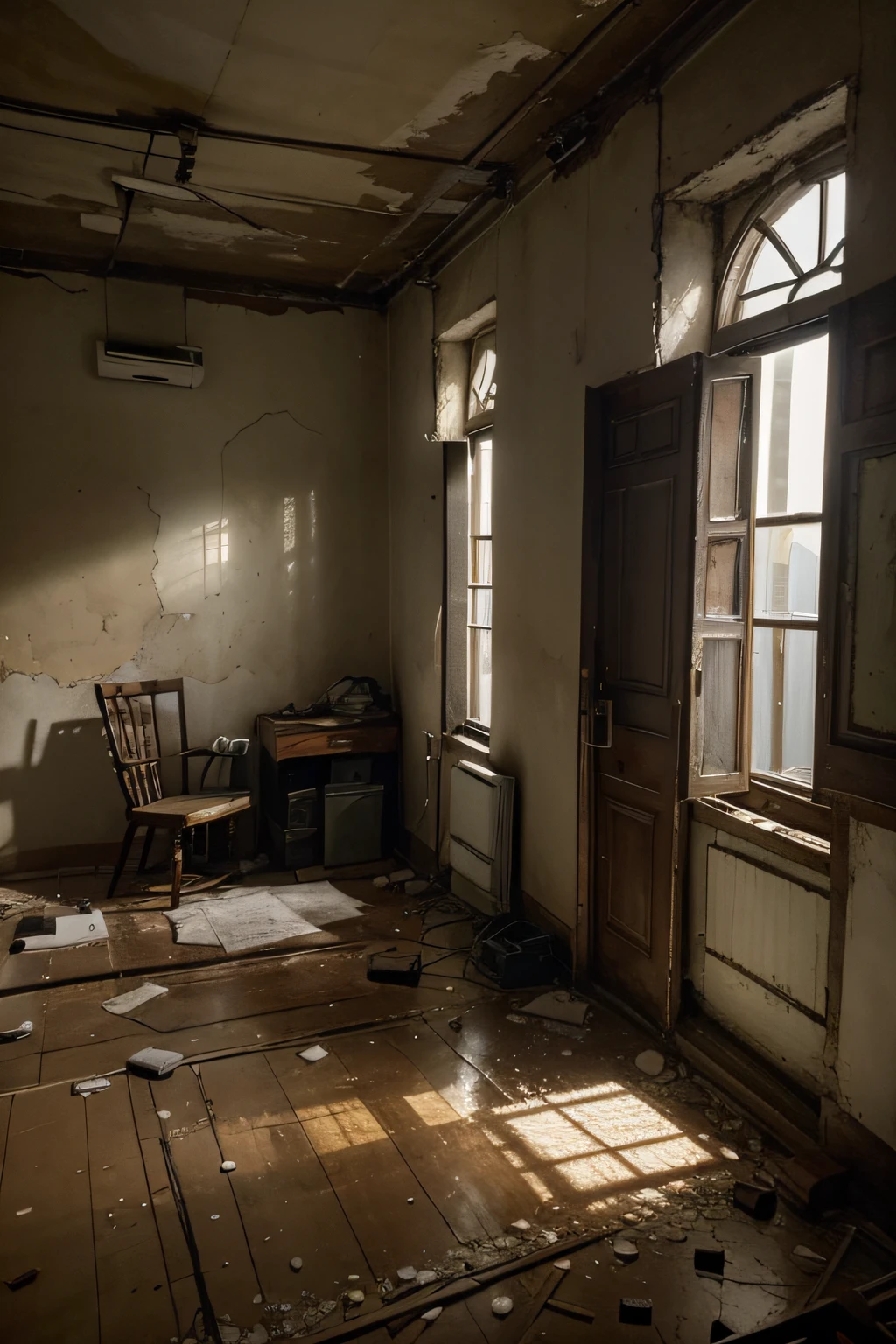 The Office Room, in a building that's been abandoned for decades, It's shrouded in oppressive darkness. The only light present is a faint, flickering beam from a tactical flashlight, que ilumina parcialmente o rosto de um investigador. Este investigador, with an expression of concentration and tension, veste um sobretudo desgastado e segura uma pasta de arquivo antigo com documentos misteriosos.

The room's broken and dusty furnishings seem to have witnessed decades of neglect, with papers stacked and strewn everywhere. Teias de aranha pendentes do teto, swaying ominously as the light wind blows through the broken windows.

As the investigator progresses, The sound of your own breath echoes in the oppressive silence, And the occasional footstep noises vary in rusty sleep. O medo do desconhecido permeia o ambiente, enquanto sombras sinistras parecem se movimentar nas margens da luz da lanterna.