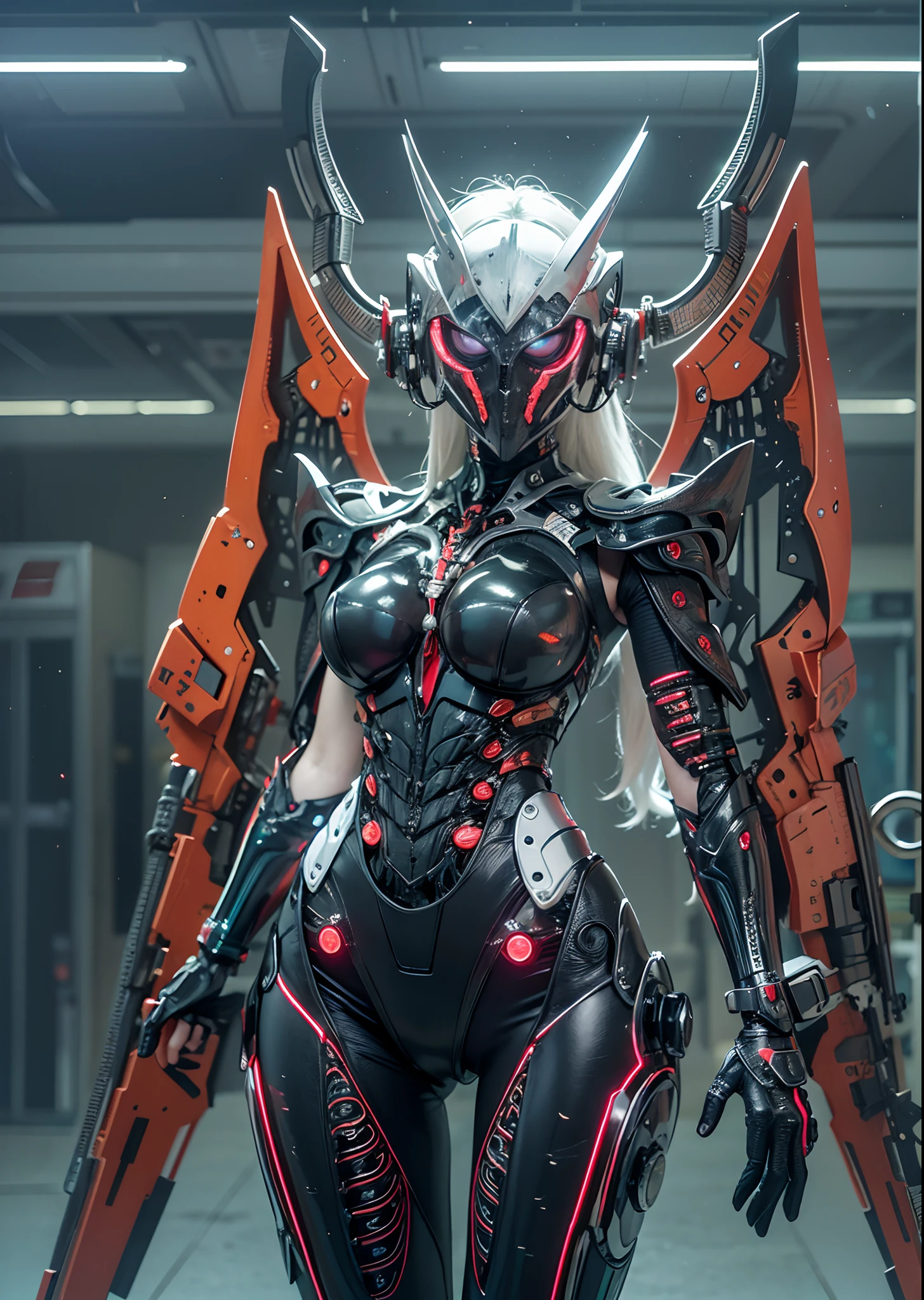 top-quality、masterpiece、超A high resolution、(Photorealsitic:1.4)、Raw photo、Battle Cyborg Angel、large wings made of metal、White porcelain body、Acrylic Clear Cover、black hair、glowy skin、1 Cyborg Girl、((super realistic details))、portlate、globalillumination、Shadow、octan render、8K、ultrasharp、character edge light, Details of complex ornaments、Giger Details、Hydraulic cylinder、Small LED lamp、highly intricate detail、Realistic light、red eyes、Facing the camera、neon details、cowboy shot、Futuristic headgear、About Cyberpunk, ((black themed:1.4)), (cloaked:1.2)