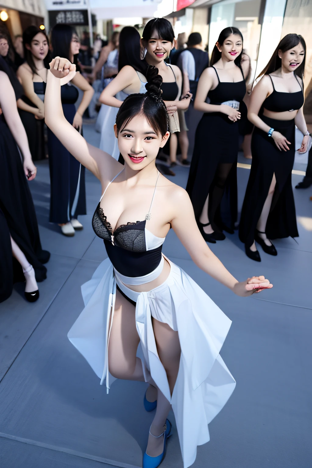 Black Enamel Bodycon、Long body、Braids、Underpants、classical ballet、Full smile、the front、Crowds、From  above
