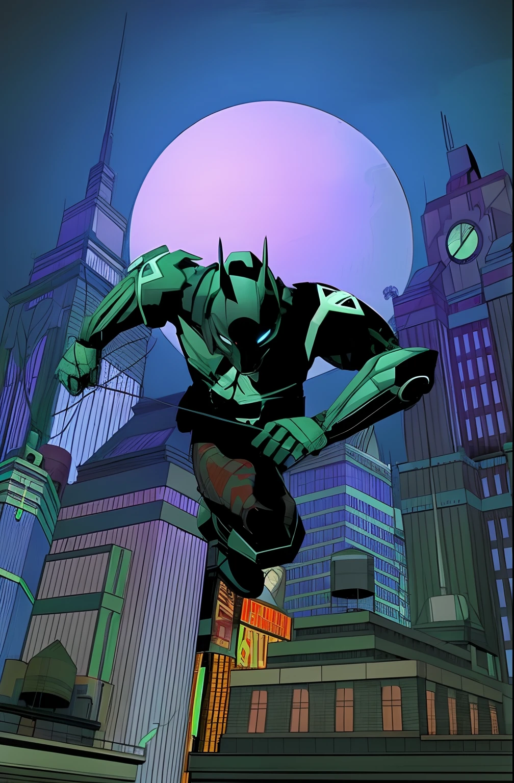 Shooting superhero character wearing small tech armor with tech helmet, armadura negra com detalhes azuis, personagem com armas, pistols in the hands, personagem estilo quadrinhos, on top of a building at night, ..lua, comiс style, Mercenary Character, dark, sombras, armadura negra, armadura preta, super hero, cinematografico, hd, capa de ebook, Book Cover View, cyberpunk city, cyberpunk style, detalhes neon na armadura, (8k) --auto