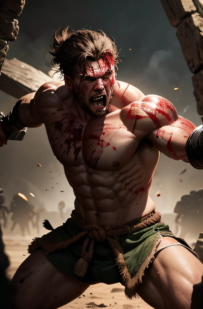 muscular ancient fighter fighting in a battle against enemy soldiers. Covered in blood wearing a bodyamor screaming