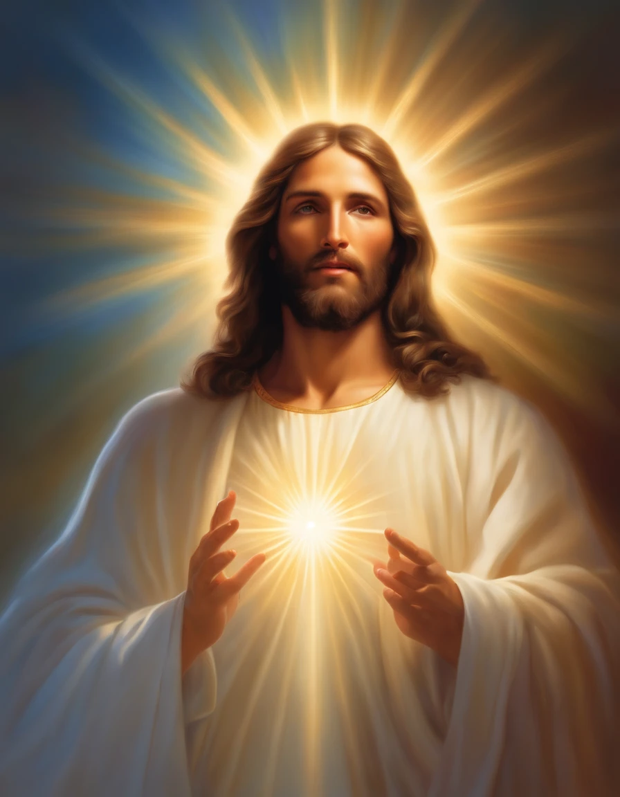 "Generate an image of Jesus emerging from a brilliant aura of light, conveying a celestial and divine presence."