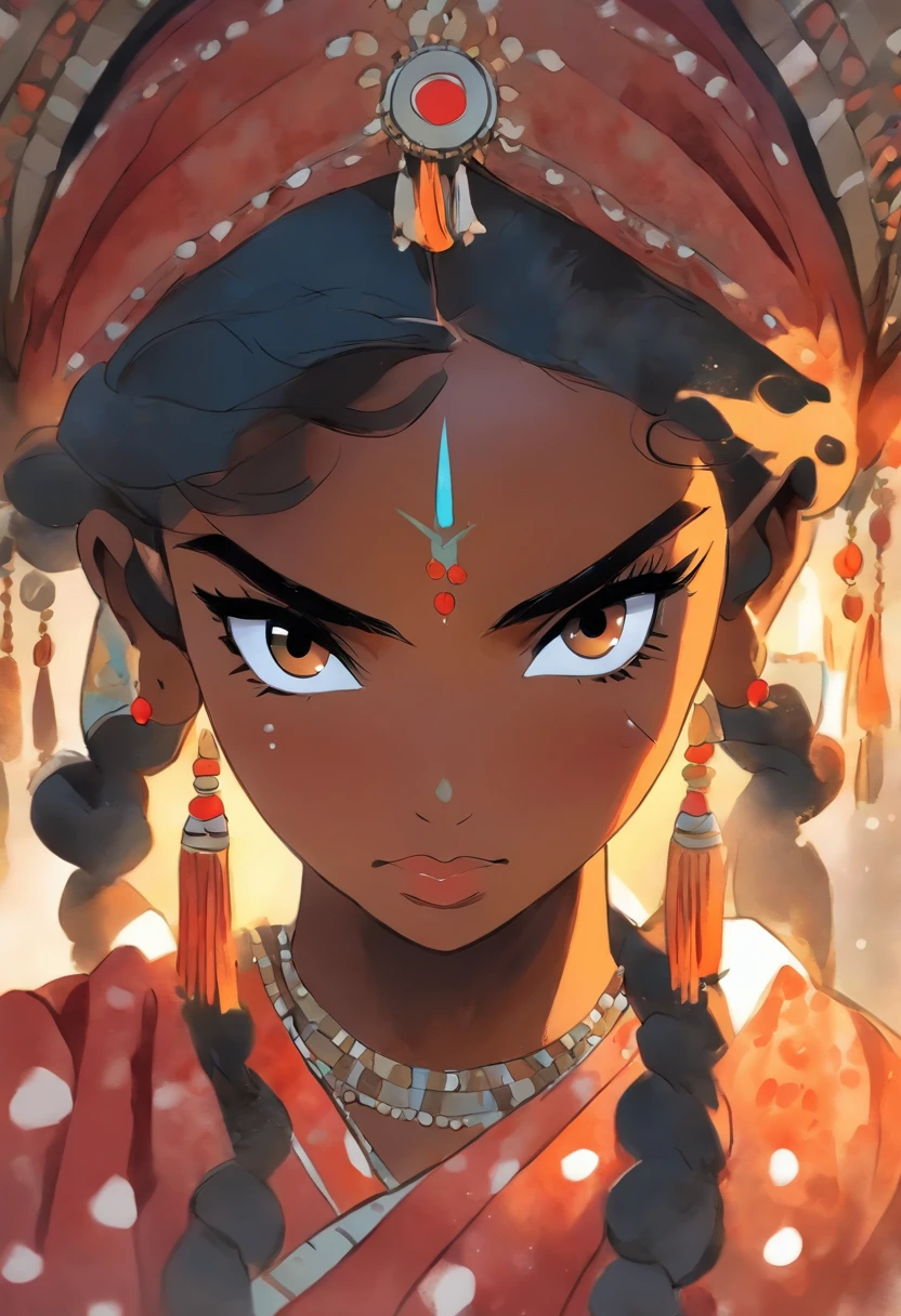 Watercolor painting of a beautiful woman with dark skin and black hair, she has a dot in the middle of her foread. Indian woman with a beautiful indian outfit. She is wearing a ghoonghat
