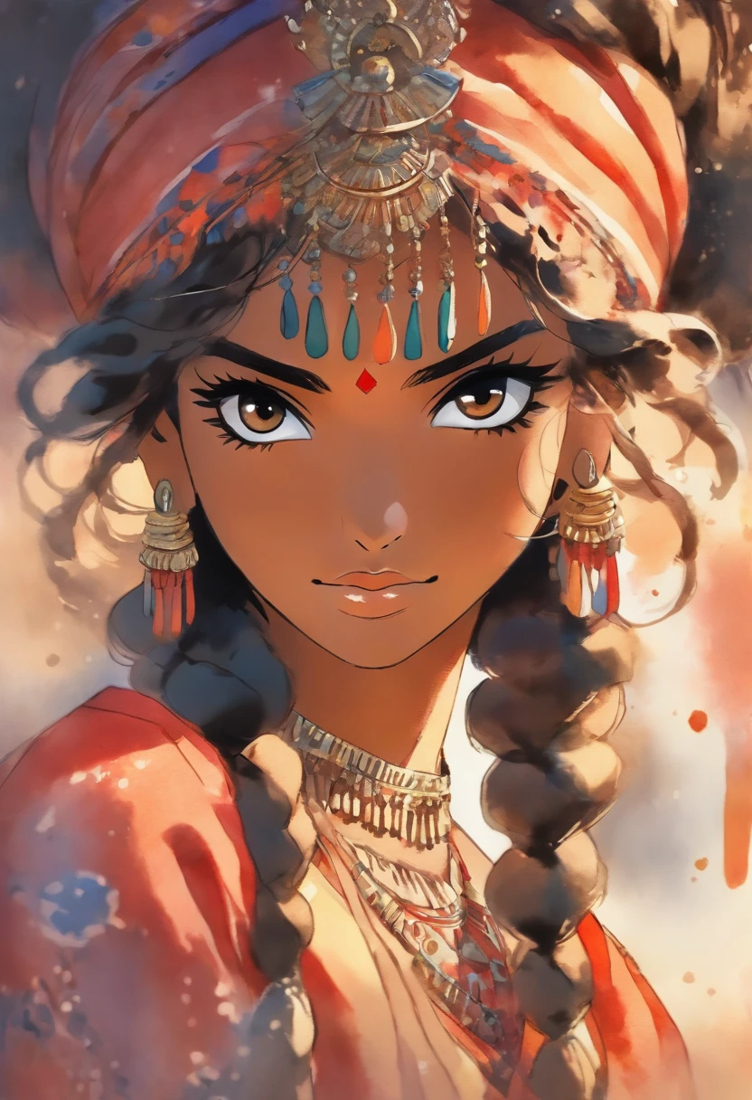 Watercolor painting of a beautiful woman with dark skin and black hair, she has a dot in the middle of her foread. Indian woman with a beautiful indian outfit. She is wearing a ghoonghat