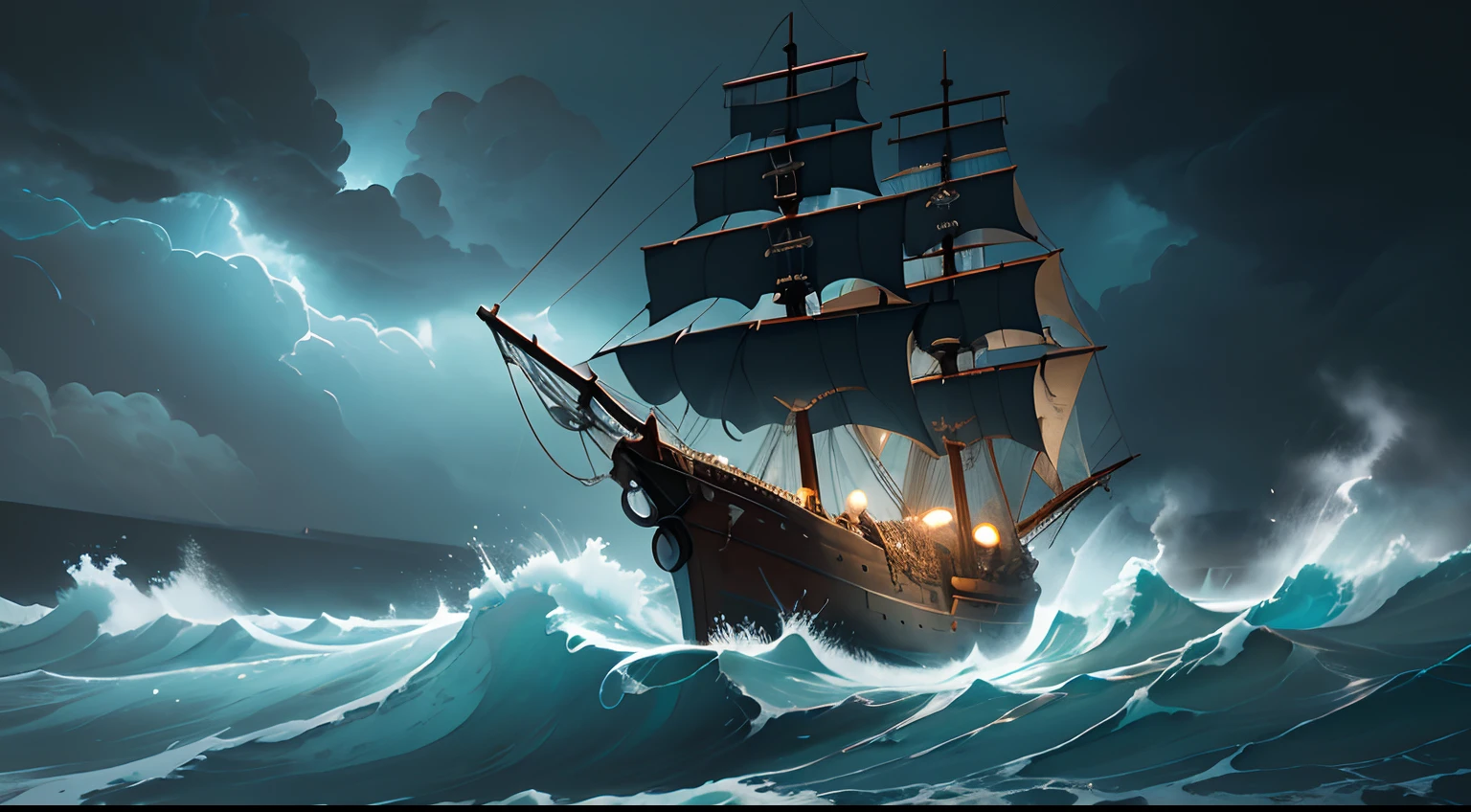 A girl with a pirate hat, detailed ocean waves, a treasure chest, a parrot on her shoulder, a ship in the distant horizon, realistic pirate outfit, pirate ship sailing in stormy waters, dramatic lighting, dark and stormy atmosphere, oil painting texture, vivid colors, high-res details, intense storytelling, action-packed scene, adventurous spirit, mysterious treasure hunt.