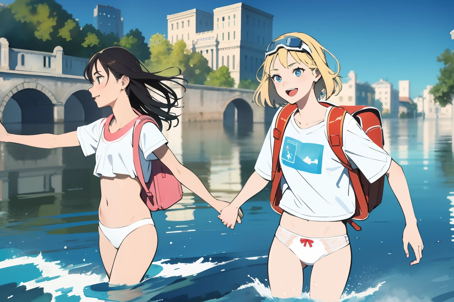 masterpiece, best quality, 2girls, (closeup), 18yo , slim, small breast, smile, walking in water, white t-shirt, white panties, goggles on head, (backpacks), blue sky, bright sunlight, (flood:1.2), street under water, city ruins, watercolor