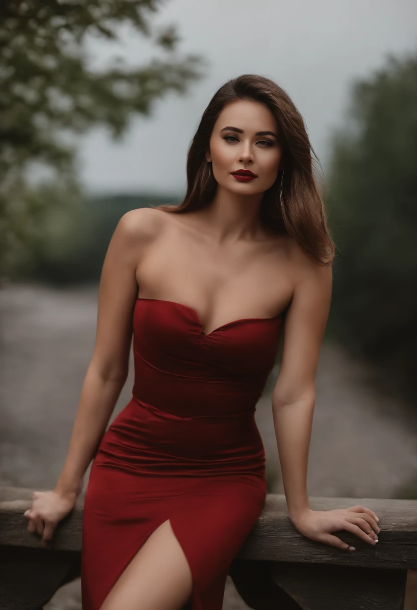 NSFW, 8k RAW-Foto, best quality, Meisterwerk, ultra-high resolution, Blick auf den Betrachter, (lange braune Haare:1.2), natural skin texture, Realistische Augen- und Gesichtsdetails, rot (Schminke), volle Lippen, Gescheitelte Lippen, Lippenstift, beautiful legs, tall female, runny, schlank_Beine, Oberschenkel_Boquete, Modell, mid large breasts, Innenhof im chinesischen Stil, al fresco, Porzellankleid,