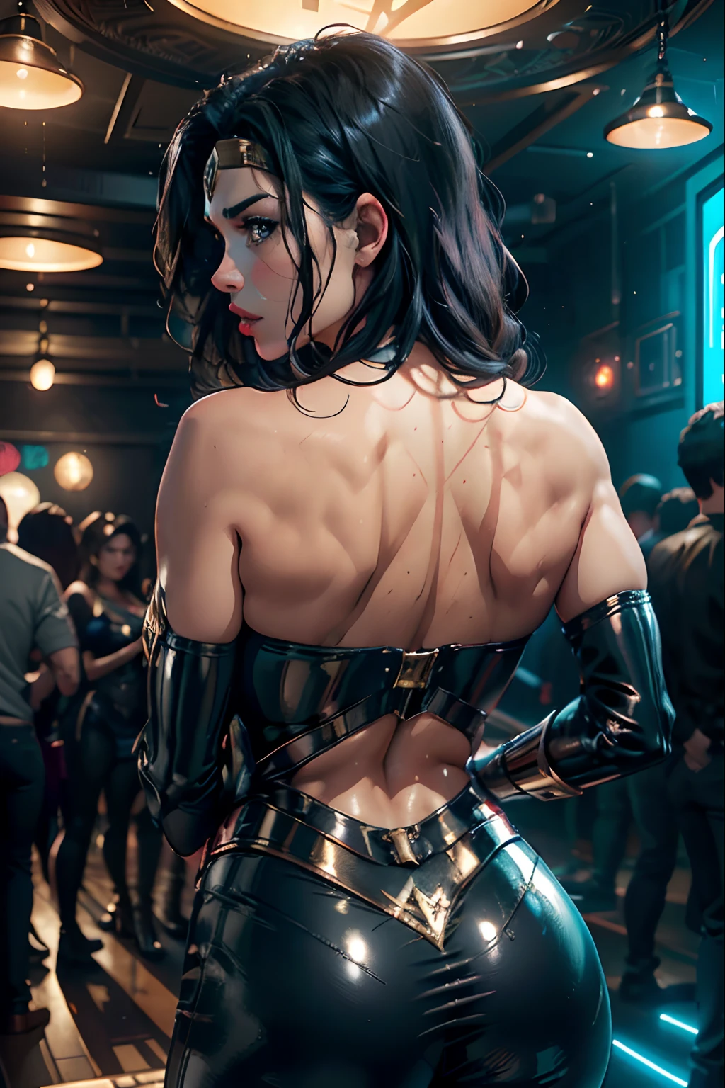 Beautiful Wonder Woman (DCEU), sexy, pinup, view from behind, low angle, dutch angle, shapely backside, Skin tight lowrider pants, black latex top, high heels, neon, clubbing, nightclub, (masterpiece, 8k, ultra realistic, UHD, best quality, 4k, highly detailed, realistic, dynamic)