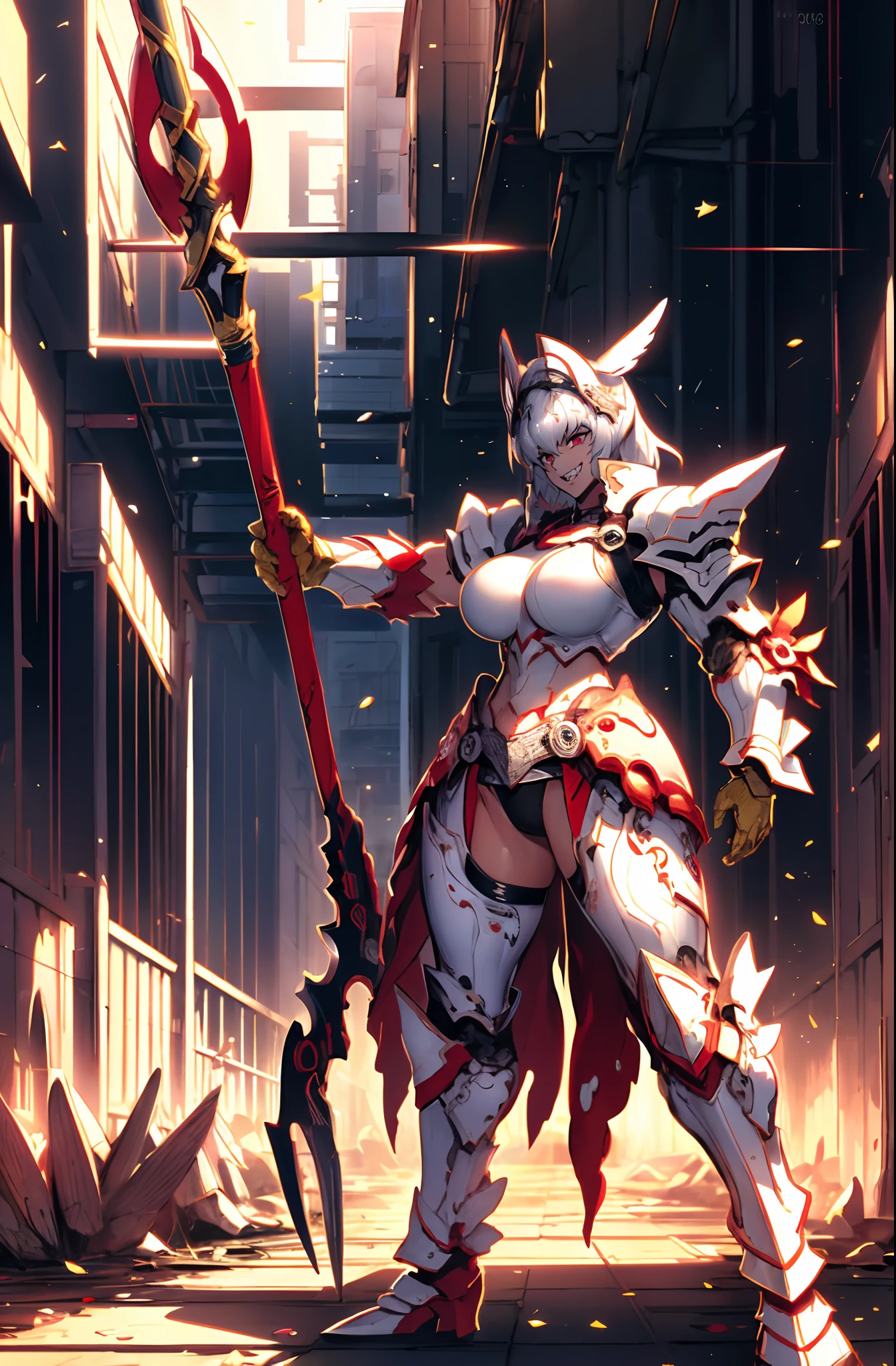 4k, highly detailed, anime style, HDR, subsurface scattering, in a temple, temple being destroyed, Greek temple on fire background, (masterpiece, best quality:1.2), caenis,( fgo stage 3), 1girl, big breasts, looking at fires, smile, short hair, white hair, bangs, red eyes, animal ears, open clothes, hairband, grin, (gold armor), body markings, white nails, epic scene, tall girl,full body, darskinned-female, , standing, musclegirl, forest, staff holding, posing, sharpteeth, crazy smile