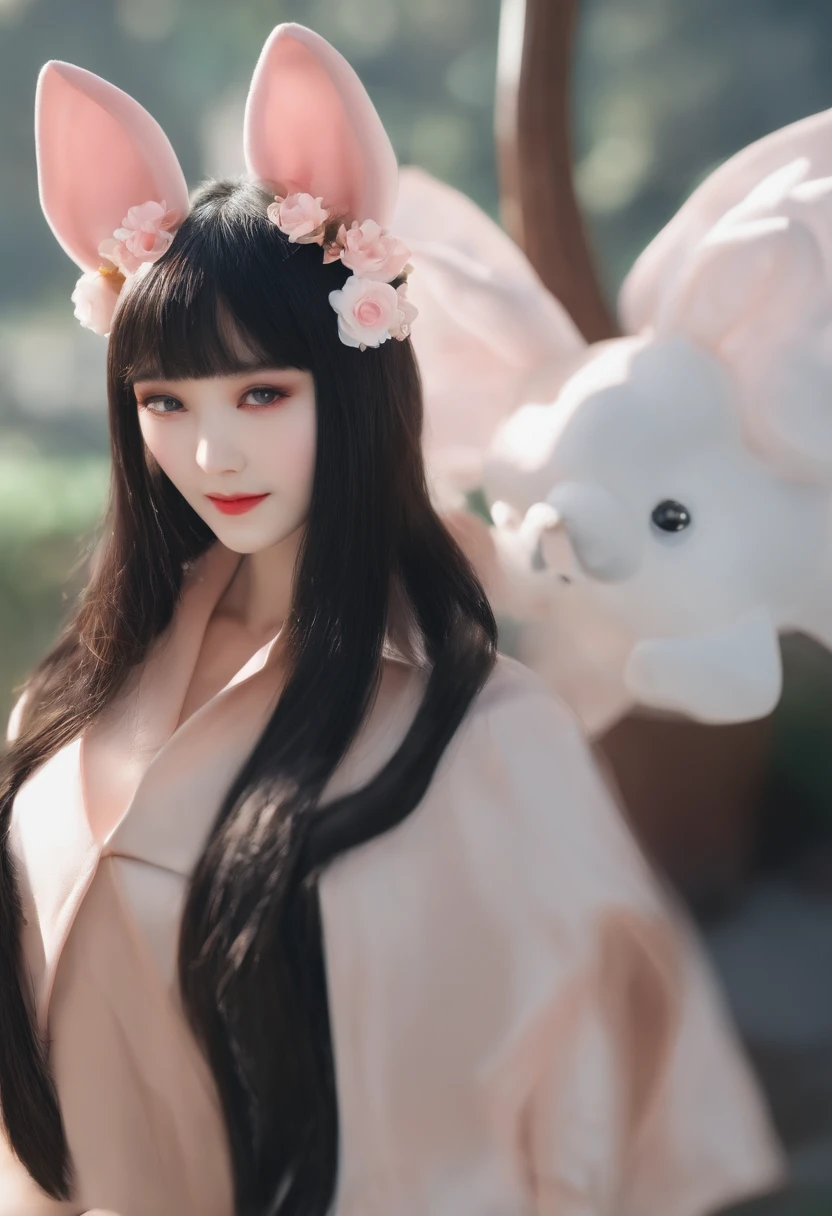 black hair, hair bobbles, wince, longeyelashes, solid circle eyes, fake animal ears, light smile, ear blush, fang, Surrealism, drop shadow, anaglyph, stereogram, tachi-e, pov, atmospheric perspective, 8k, super detail, ccurate, best quality