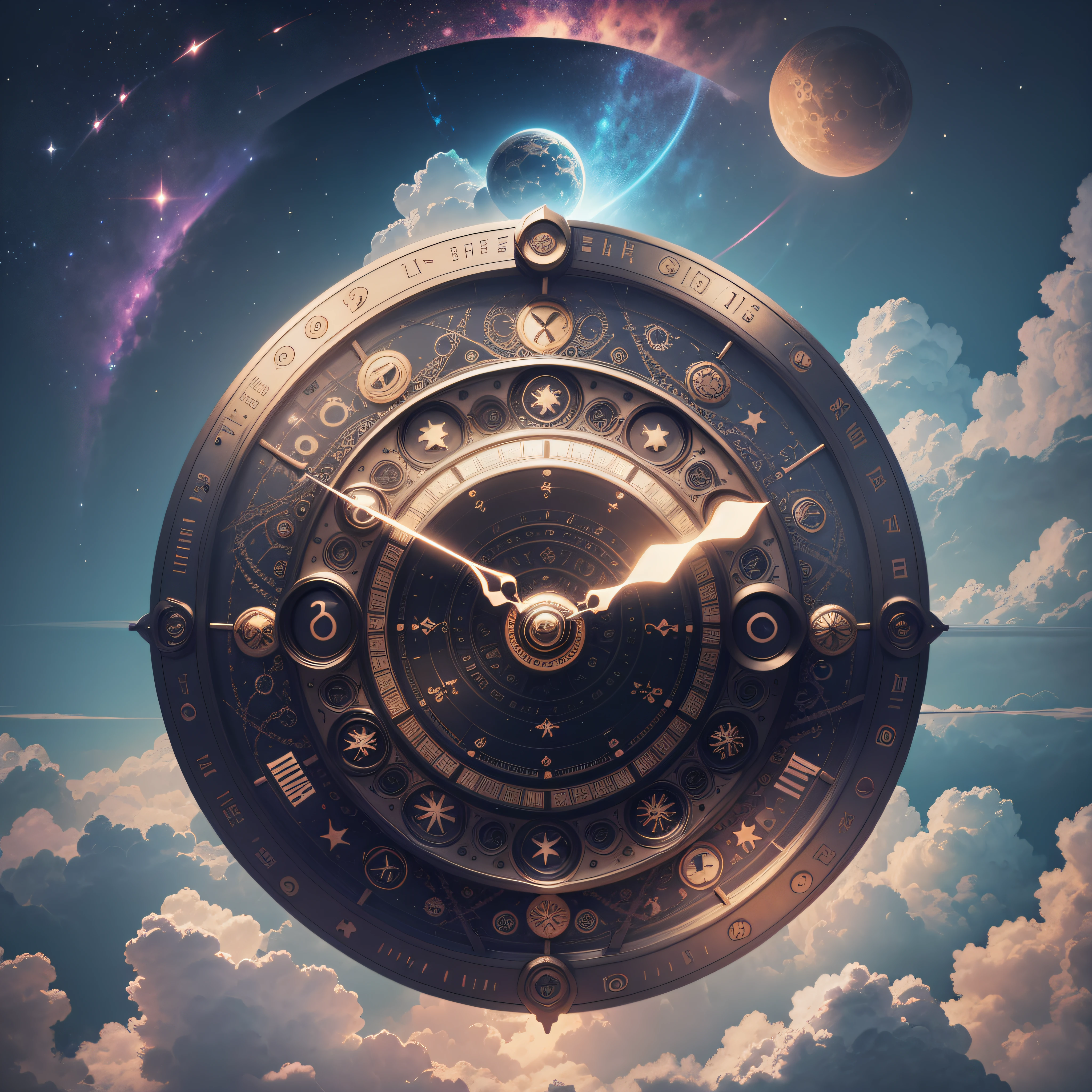 On the horizon a circular object among the clouds, infinite space clock background, intricate antique clock in space, baroque style circle, highly detailed magic, highly detailed 4K digital art, 3D render beeple, hybrid beeple mix style, solarpunk 4K wallpaper, interdimensional clock, 3D abstract rendering superimposed --auto --s2