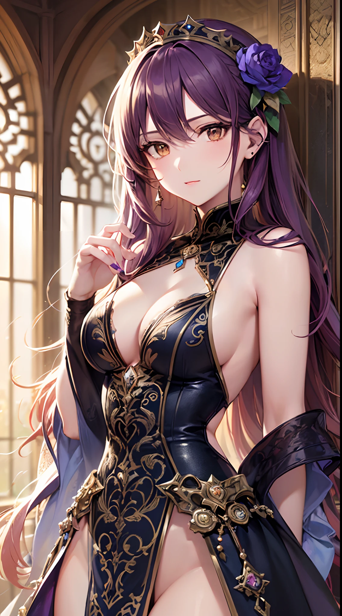 ((Finest quality)),(超A high resolution),(ultra-detailliert),((Best Anime)),sharpnes,Vivid:1.1,The art of astounding depiction,Fantasyart,Fantastic background, (1 adult female:1.5),Clean face,(Beautiful pale brown eyes with detailed and detailed:1.5),(Lustrous violet hair:1.5),(Beautiful light blue dress with dense and detailed details:1.3),Look in here:1.5,Detailed and beautiful embroidery,Luxurious ornaments