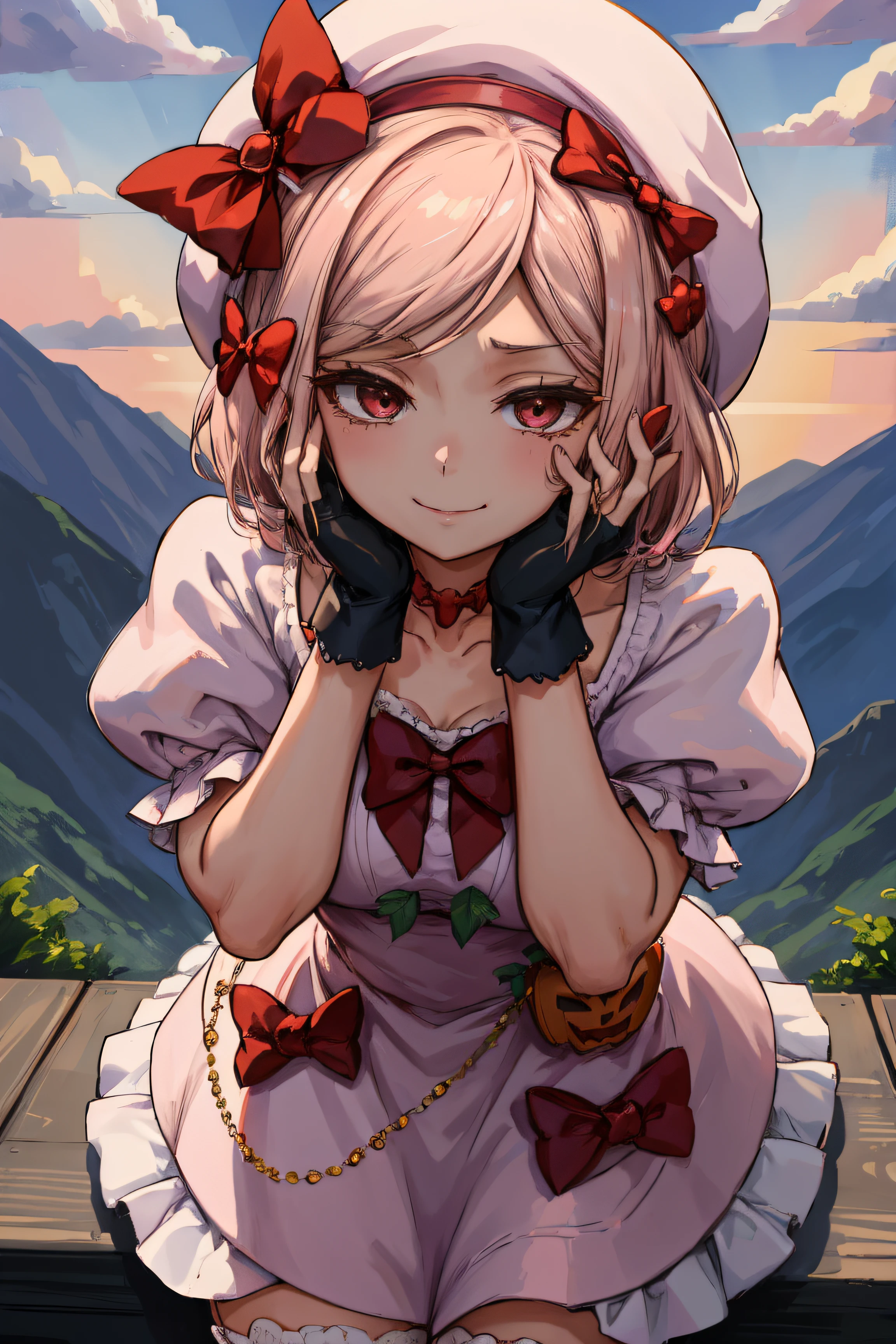 (masterpiece),(best quality), lambdadelta ,dress, striped stockings, red bow, pink hat, necklace, gloves, pearl, pumpkin brooch, crazy face, upper body, persistent stare, mountains, forest, looking at the viewer, red sky, yandere trance, yandere, hands on own face,hands on own cheeks, blank eyes, blush, large smile, (yandere smile)