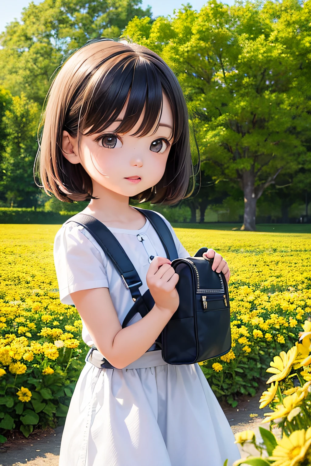 A very charming with a backpack and her cute puppy enjoying a lovely spring outing surrounded by beautiful yellow flowers and nature. The illustration is a high-definition illustration in 4k resolution, featuring highly detailed facial features and cartoon-style visuals.