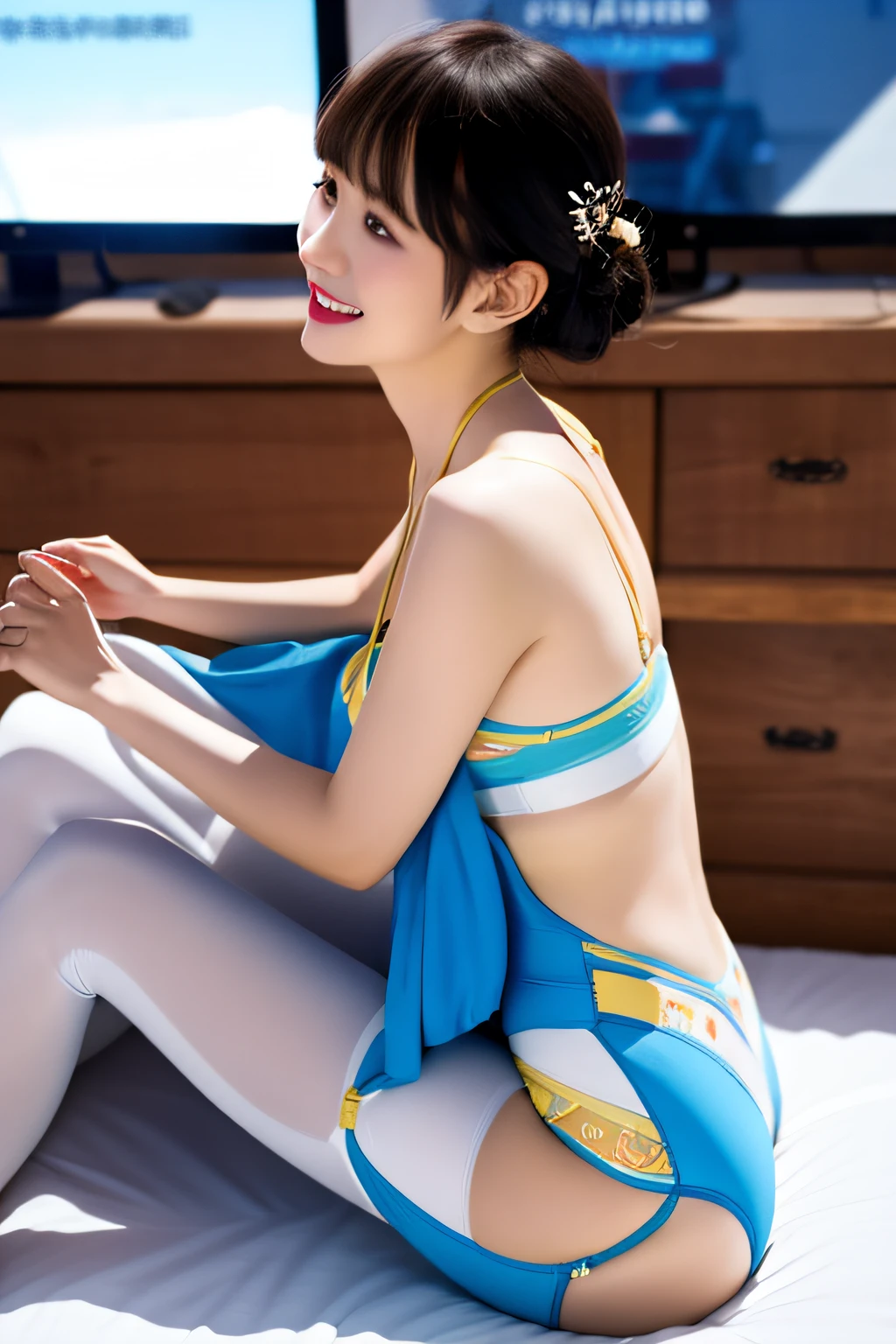 Colorful Enamel Bodycon、Spread your legs apart、Long body、Braids、Underpants、classical ballet、Full smile、the front、Crowds、from side