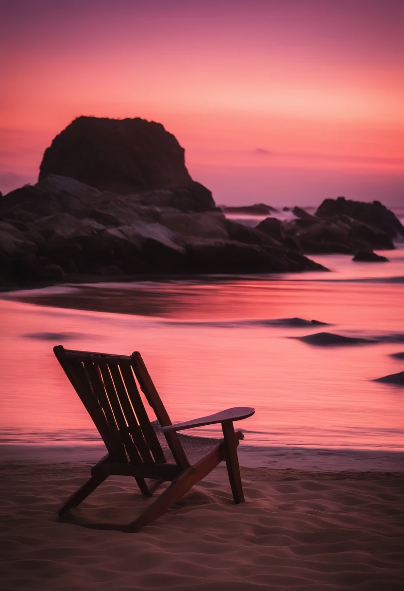 A imagem captura uma cena ao entardecer em uma praia isolada. The sky is painted with soft shades of pink, orange and violet as the sun slowly sets over the horizon. The water of the sea reflects the colors of the sky, creating a liquid mirror that stretches as far as the eye can see.

Na areia, near water, There are some shells and smooth stones that have been washed away by the gentle waves. Uma rede de pescador descansa em uma pequena pilha ao lado de uma cadeira de praia vazia. The chair is made of light wood and an airy white sheet rests on the seat. not far away, A book is open with a page turned by the wind, suggesting that someone was reading there.

As the soft twilight light bathes the scene, A fishing net on the bottom sways slightly in the sea breeze. There are no crowds, noises or distractions, apenas a serenidade da natureza em seu estado mais puro. A imagem emana tranquilidade, inviting the observer to get lost in the simple and peaceful beauty of the landscape. It is a reminder of the beauty of stillness and harmony that nature can offer.