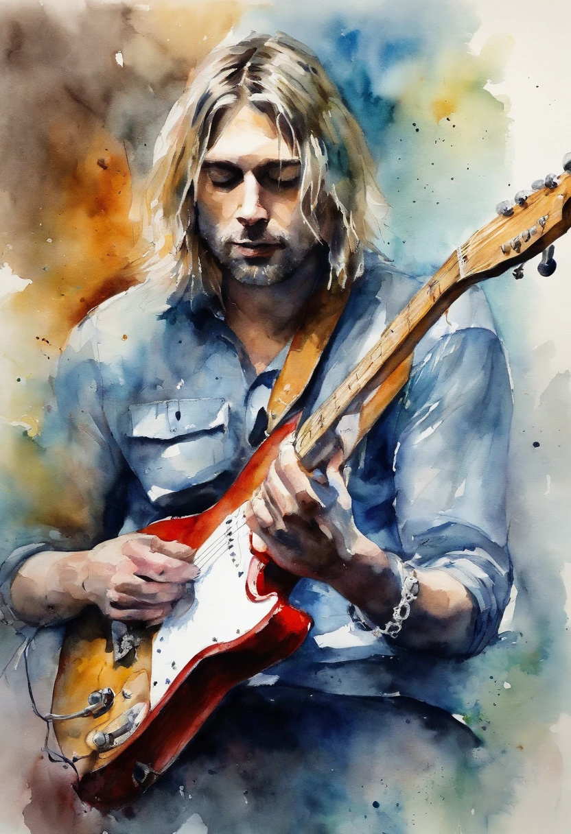 Guitarrista Kurt Cobain tocando guitarra em cima de uma montanha de gelo