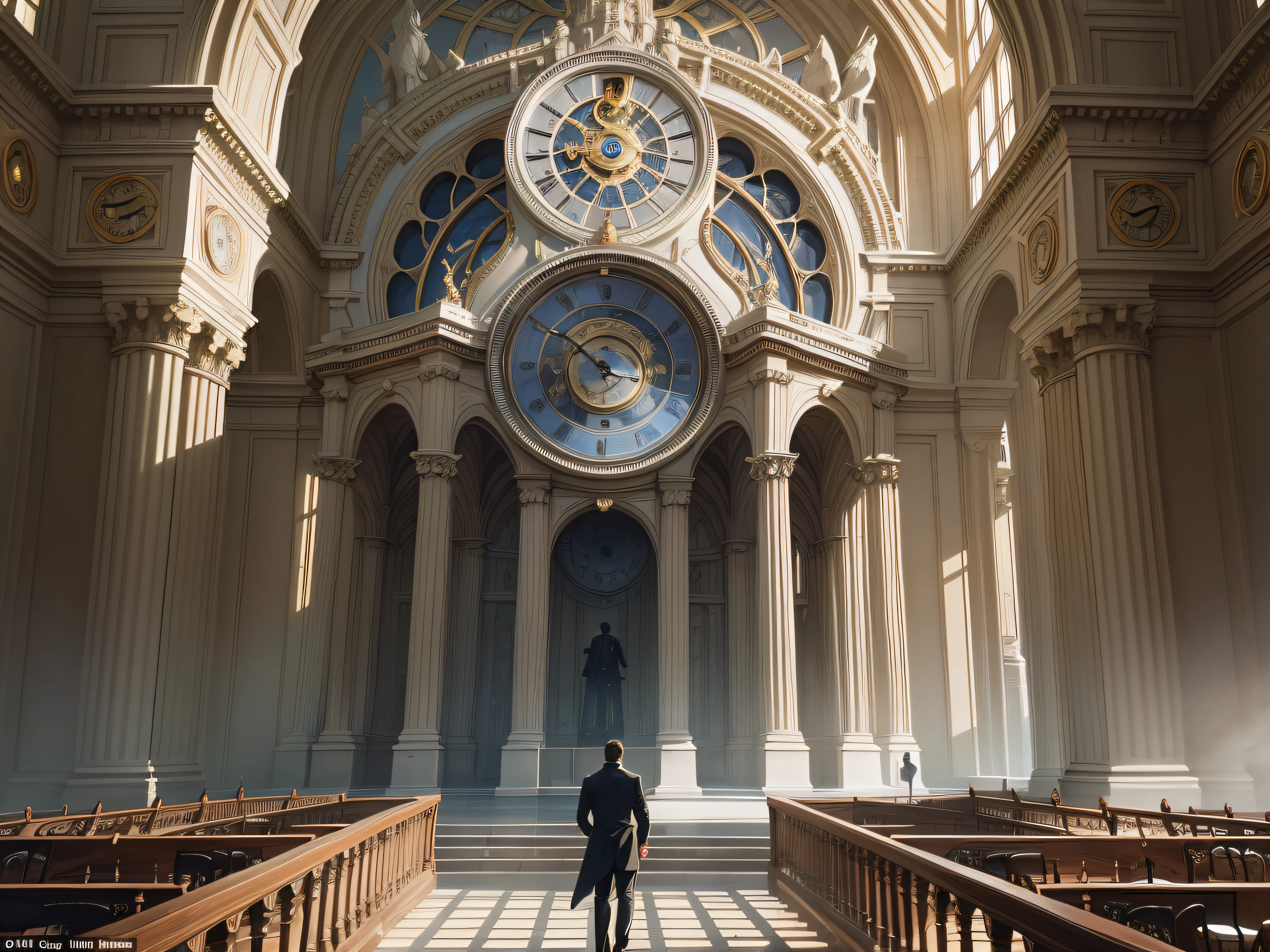 Within the confines of a grand clock tower, a captivating scene unfolds. A man, his face etched with determination, stands before a colossal clock, its intricate gears and hands towering above him. With unwavering resolve, he stretches his body, reaching towards the minute hand, attempting to push it down, defying the relentless march of time. The man's actions symbolize a poignant desire to control and manipulate the passing moments, an act of defiance against the inevitable. The atmosphere is imbued with a sense of urgency and tension, as if the man's very existence hinges on his ability to halt the inexorable flow of time.