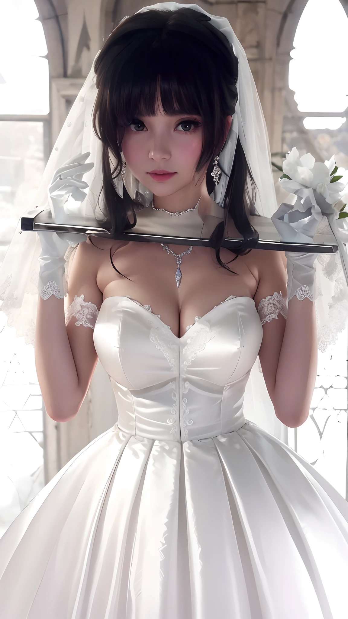 Close-up of a beautiful bride in a beautiful wedding dress, Gurvetz,（ pillory：1.5）, Flail on the head, Flail on the hands, Flail,(Bridal veil: 1.5), (Short transparent veil: 1.5), Flushed face, Head flower, head gear, (Tubular wedding dress: 1.5), (Silk dress: 1.2 ), (Strapless wedding dress: 1.5), Pure white dress, necklace, Earrings, (Huge breasts: 1.3), Deep V heart collar wedding dress, bangs, lipstick, (Lace gloves: 1.3), Full body photo, High detail RAW color art, a white long skirt, Whole body, with hands behind her back, and floor-length skirts,