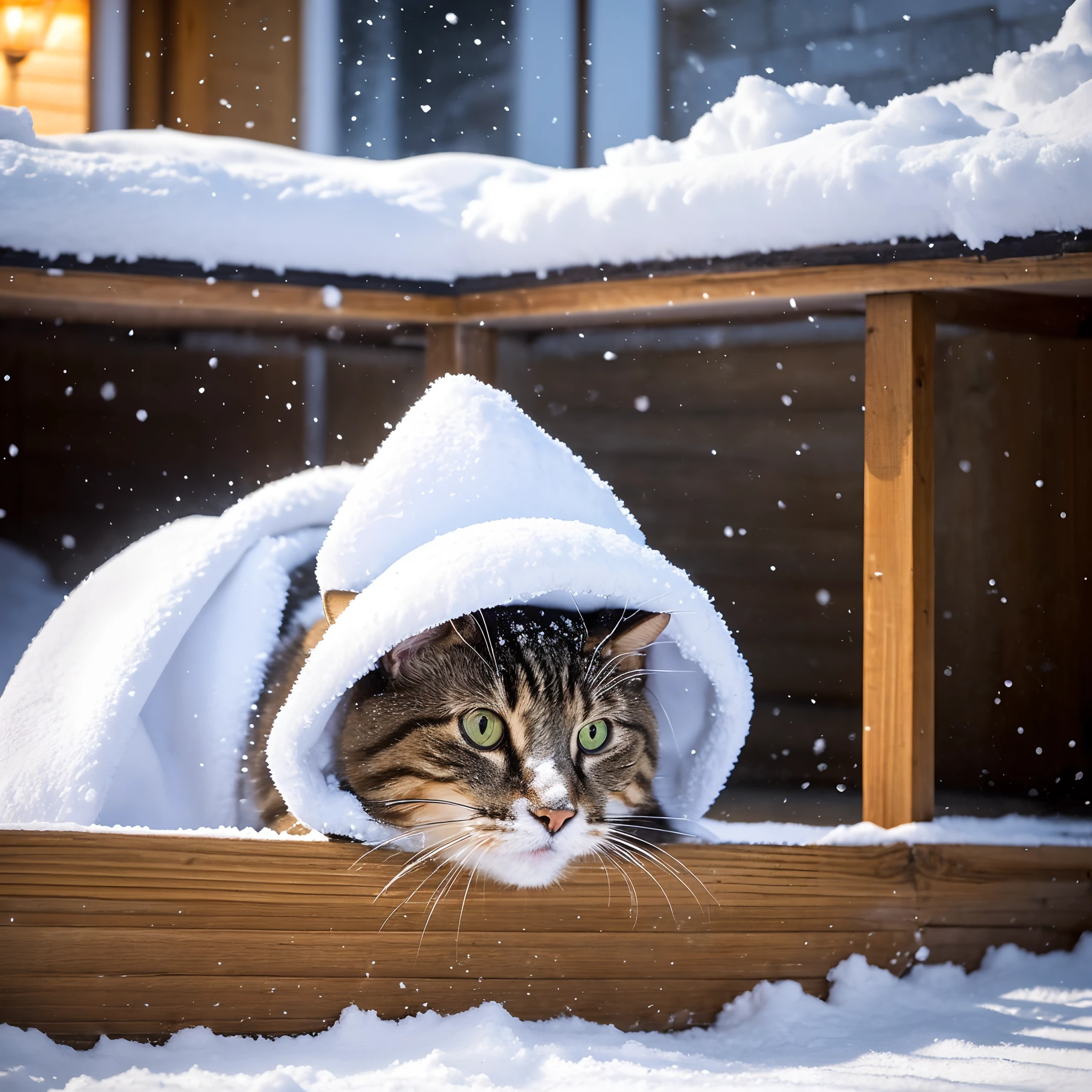 "The prompt could be: 'cat,(best quality,high resolution,super detailed:1.2),(enjoying a relaxing time at a Japanese hot spring),(snow),(photorealistic:1.37),warmth,soft lighting', cat with a towel on its head"