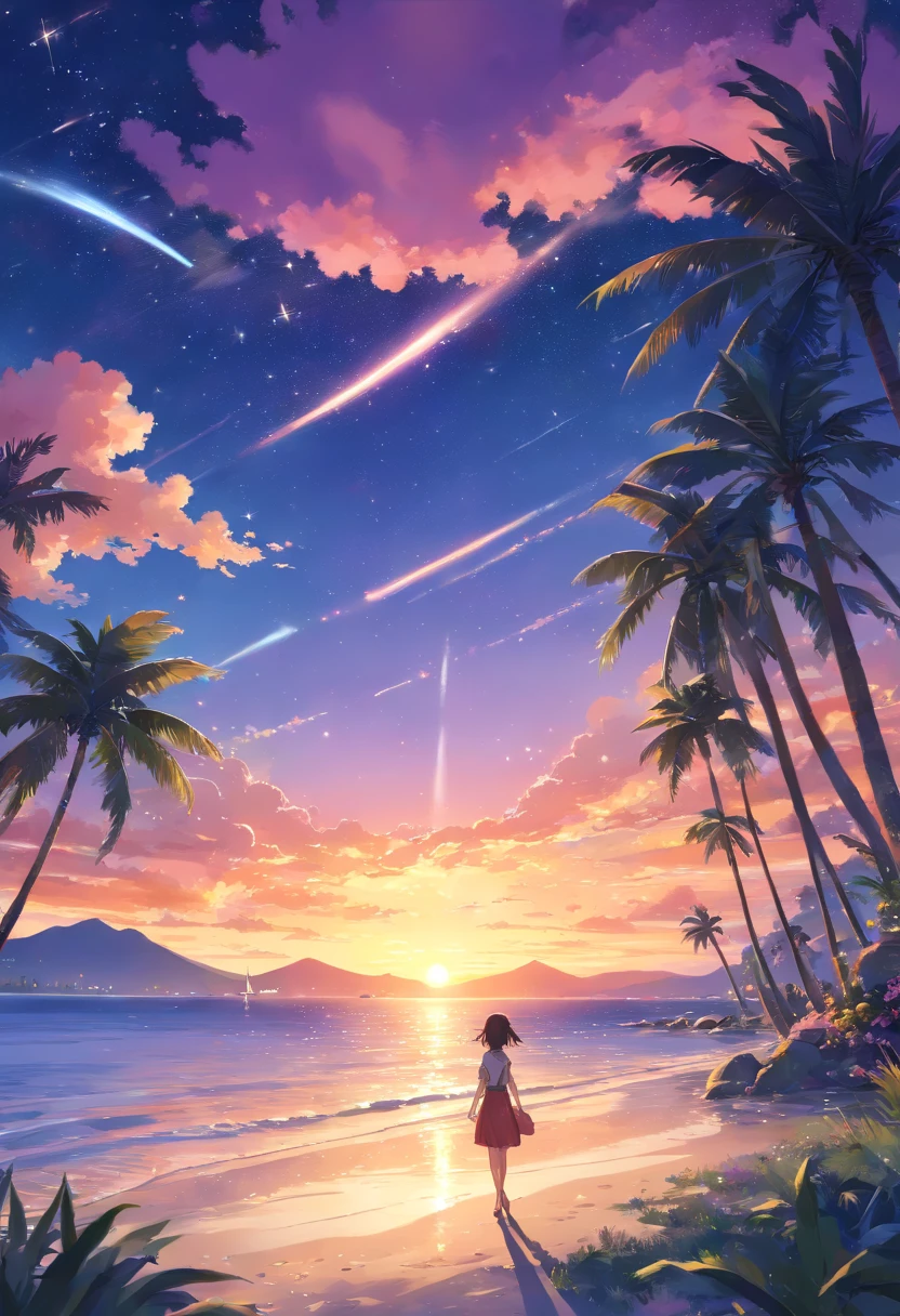 (beautiful detailed sunset, vibrant palm trees, mesmerizing starry sky, peaceful stargazing, dreamy nightsky), (best quality, 4k, highres:1.2), ultra-detailed, realistic:1.37, HDR, vivid colors, sharp focus, studio lighting, fine art, landscape, bokeh