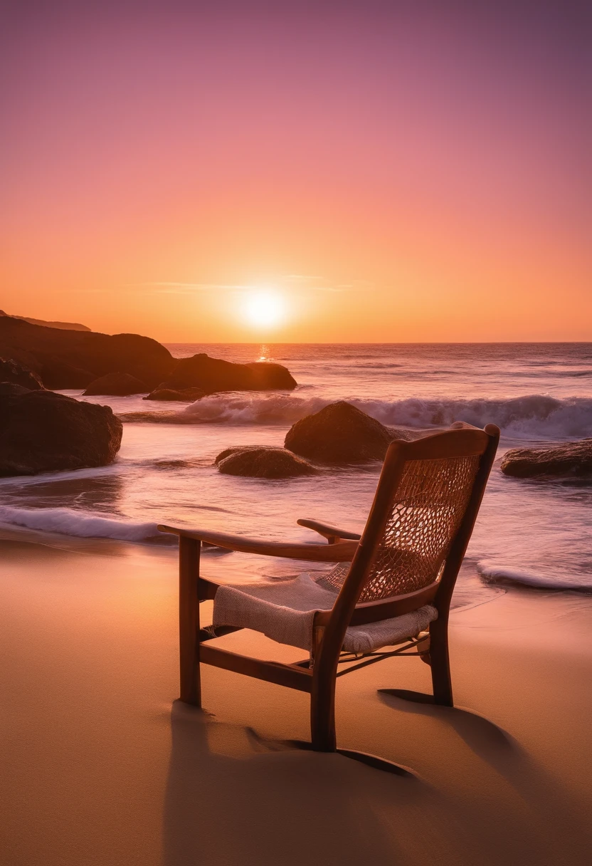 A imagem captura uma cena ao entardecer em uma praia isolada. The sky is painted with soft shades of pink, orange and violet as the sun slowly sets over the horizon. The water of the sea reflects the colors of the sky, creating a liquid mirror that stretches as far as the eye can see.

Na areia, near water, There are some shells and smooth stones that have been washed away by the gentle waves. Uma rede de pescador descansa em uma pequena pilha ao lado de uma cadeira de praia vazia. The chair is made of light wood and an airy white sheet rests on the seat. not far away, A book is open with a page turned by the wind, suggesting that someone was reading there.

As the soft twilight light bathes the scene, A fishing net on the bottom sways slightly in the sea breeze. There are no crowds, noises or distractions, apenas a serenidade da natureza em seu estado mais puro. A imagem emana tranquilidade, inviting the observer to get lost in the simple and peaceful beauty of the landscape. It is a reminder of the beauty of stillness and harmony that nature can offer.
