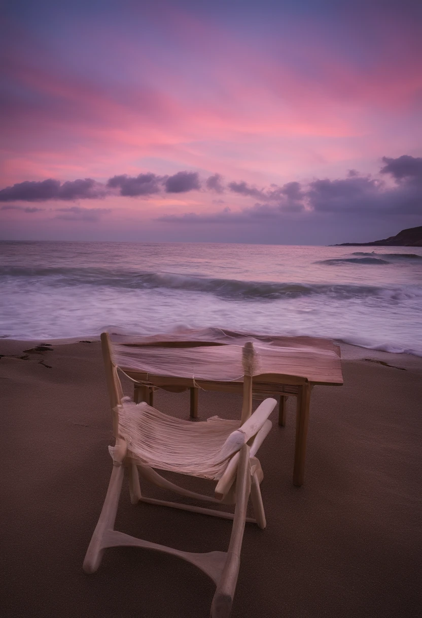 A imagem captura uma cena ao entardecer em uma praia isolada. The sky is painted with soft shades of pink, orange and violet as the sun slowly sets over the horizon. The water of the sea reflects the colors of the sky, creating a liquid mirror that stretches as far as the eye can see.
Na areia, near water, There are some shells and smooth stones that have been washed away by the gentle waves. Uma rede de pescador descansa em uma pequena pilha ao lado de uma cadeira de praia vazia. The chair is made of light wood and an airy white sheet rests on the seat. not far away, A book is open with a page turned by the wind, suggesting that someone was reading there.
As the soft twilight light bathes the scene, A fishing net on the bottom sways slightly in the sea breeze. There are no crowds, noises or distractions, apenas a serenidade da natureza em seu estado mais puro. A imagem emana tranquilidade, inviting the observer to get lost in the simple and peaceful beauty of the landscape. It is a reminder of the beauty of stillness and harmony that nature can offer.