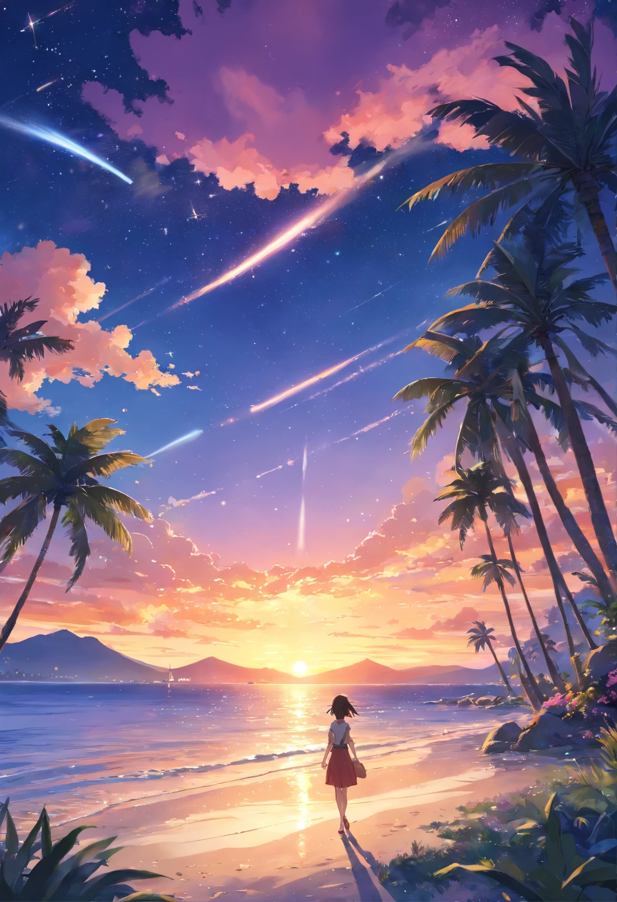 (beautiful detailed sunset, vibrant palm trees, mesmerizing starry sky, peaceful stargazing, dreamy nightsky), (best quality, 4k, highres:1.2), ultra-detailed, realistic:1.37, HDR, vivid colors, sharp focus, studio lighting, fine art, landscape, bokeh