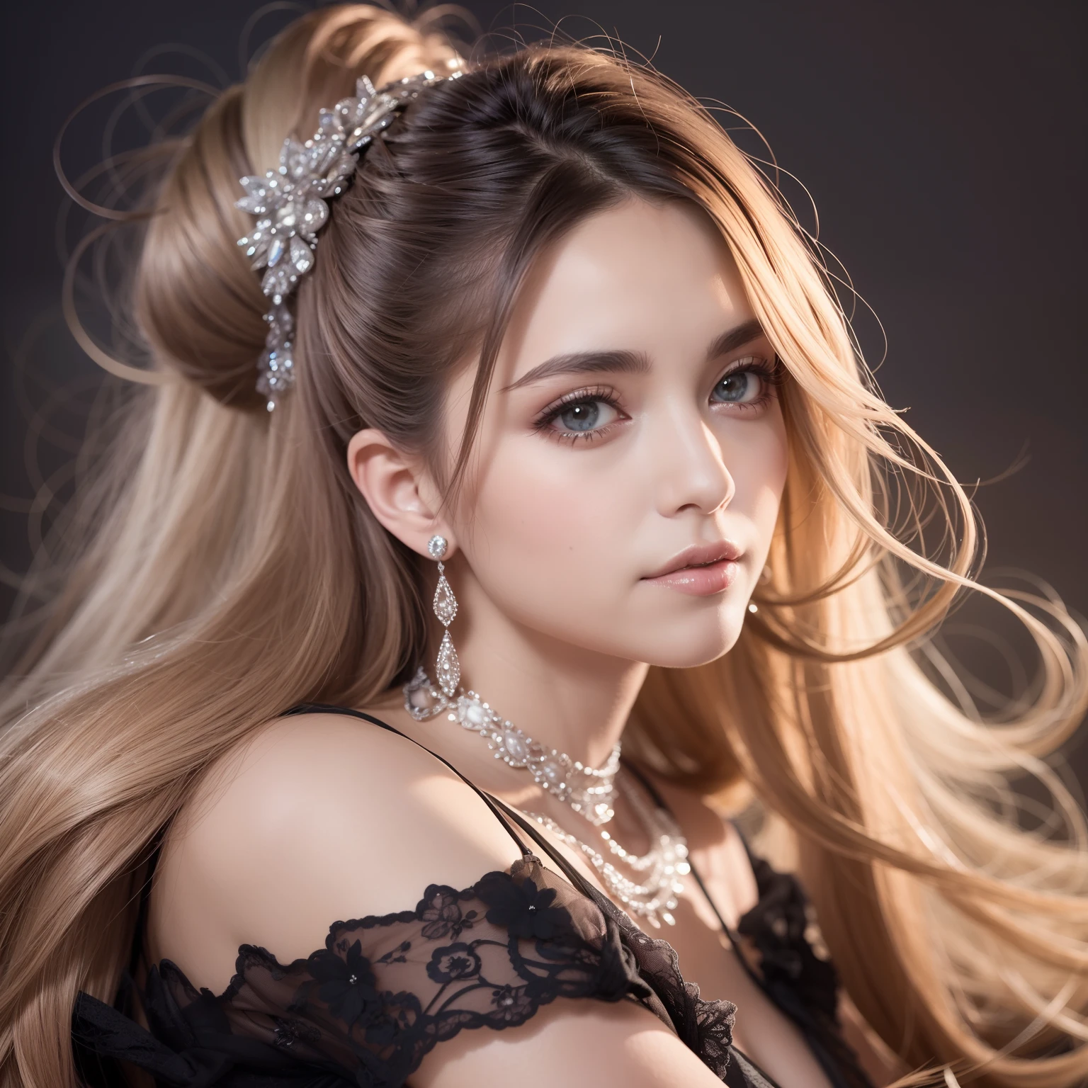Uma jornada transformadora de beleza e estilo, Glamorous girl at night, holofote, mini saia preta de corte baixo, cabelos castanhos claros, moderno, canon, UHD