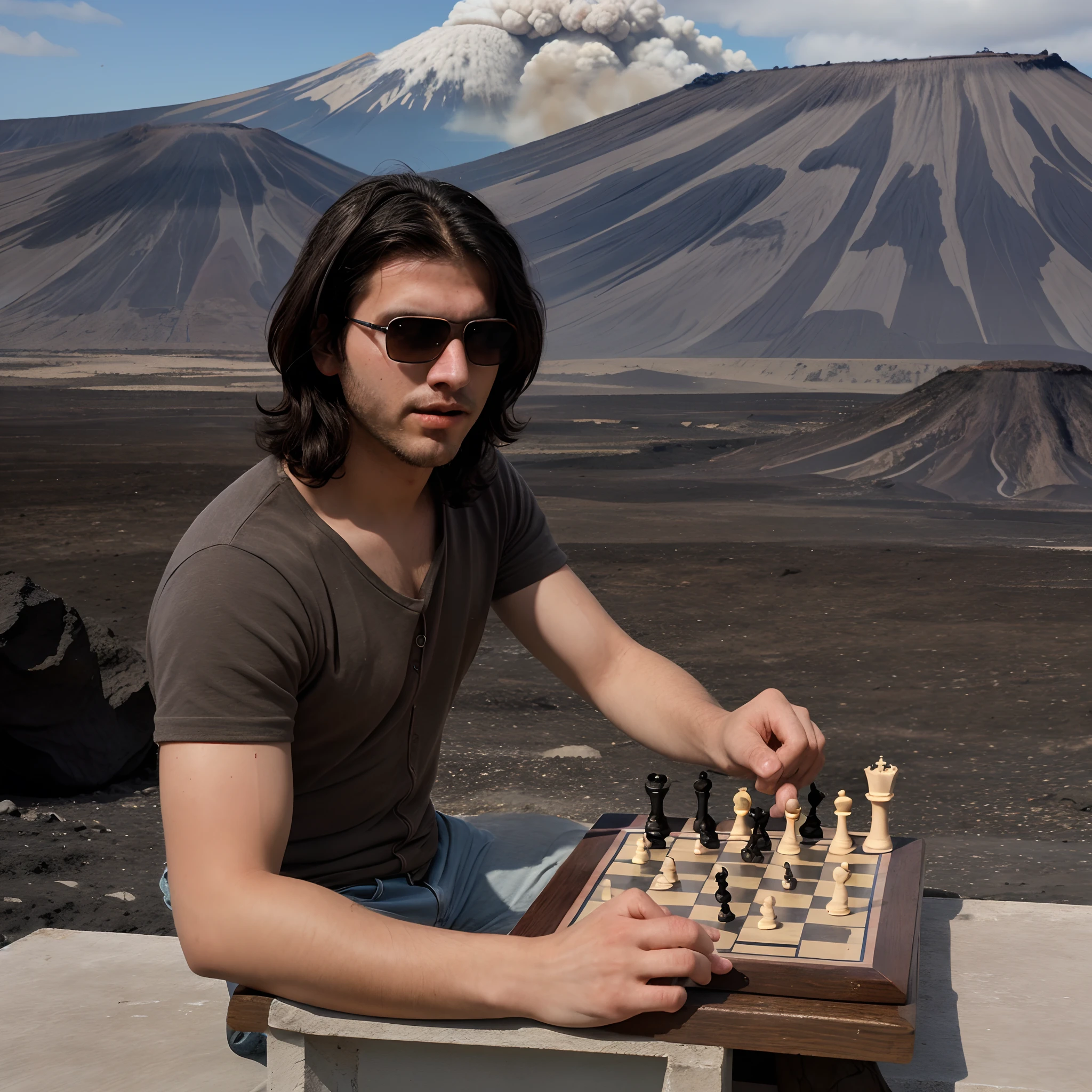 25 year old guy, con cabello negro rapado, gafas, piel blanca, Playing chess on an erupting volcano