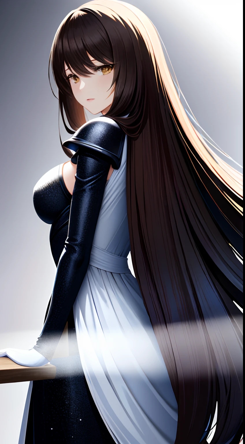 (Best Quality,8K,Ultra-detailed,Realistic),Female character in white robotic mask,golden eyes and long brown hair,Standing in front of medieval fantasy, Dressed in a long dress, Flowing White Mantle,Under Clear Skies. The character exudes a sense of mystery and power, With an impressive presence. A white robotic mask covers her face, Adding an element of intrigue and technological fusion. Her golden eyes shine brightly and hint at her inner strength. Her long brown hair cascades down her back, Adding a touch of natural beauty to the scene. The backstory of medieval fantasy is rich in detail, with tall castles and lush green landscapes. Clear skies overhead add a sense of calm, contrasts with the dark and mysterious atmosphere. The image is highly detailed and realistic, Capture every detail and texture. Dark vibes permeate the stage, Creating a sense of foreboding and tension. The overhead light illuminates the character from below, casting dramatic shadows and enhancing the overall atmosphere. The colors are bright and saturated, with deep contrast between light and shadow. General lighting is atmospheric and atmospheric, Add depth and volume to an image.