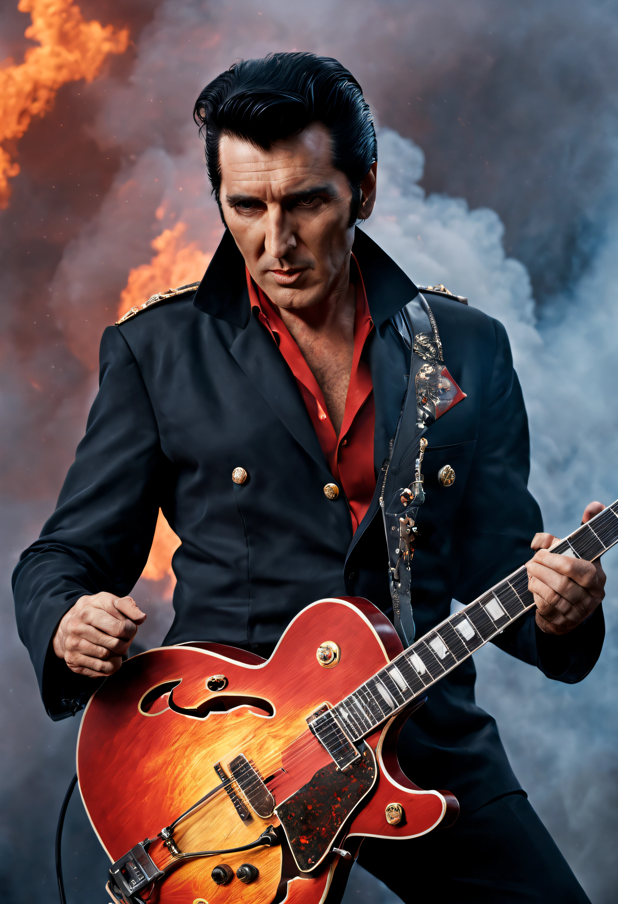 Bela Lugosi/Christopher Lee/Vincent Price/Jack Palance/Lon Chaney jr/Peter Cushing/John Carradine/George Hamilton/Frank Langella/Claes Bang/Gary Oldman/Gerard Butler/Richard Roxburgh hybrid as 20-year-old Elvis Presley playing a flaming red Hagstrom Viking II guitar, fire, lightning, volcanic lava, explosions, multicolored neon lights, dust, smoke, fog, clouds, 32k UHD, hyper realistic, photorealistic, highly detailed, sharp, extremely colorful, vibrant, frightening, terrifying, beautiful, professional quality digital photograph in the art style of Frank Frazetta