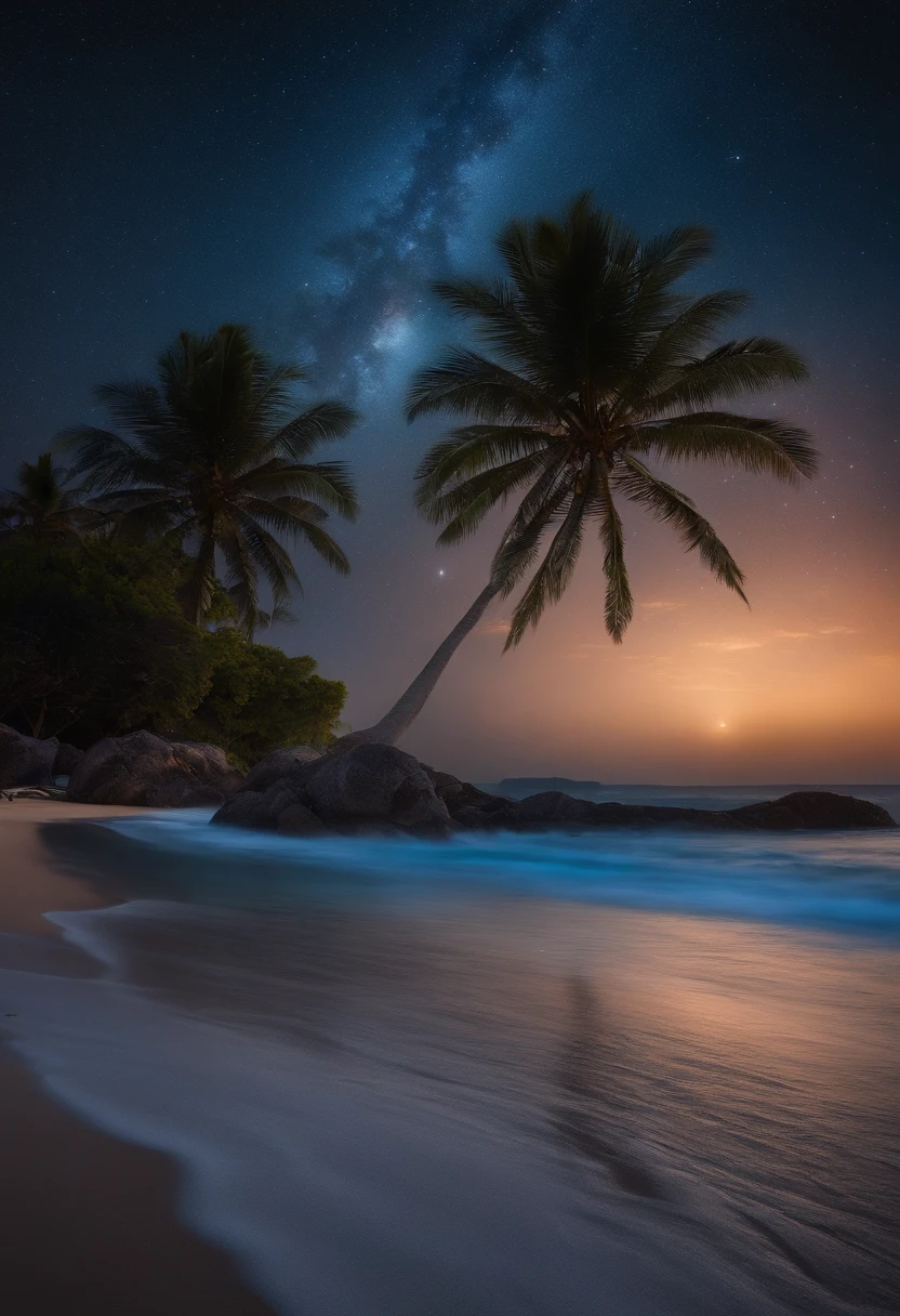 (best quality,4k,8k,highres,masterpiece:1.2),ultra-detailed,(realistic,photorealistic,photo-realistic:1.37),surreal colors,surreal lighting,surreal landscapes,waves crashing on shore,Milky Way galaxy in the background,star-studded sky,twinkling stars reflecting on the ocean surface,majestic palm trees silhouetted against the night sky,serene and peaceful atmosphere,enchanting moonlight casting a soft glow on the beach,sand shimmering in the moonlight,lanterns illuminating the pathway,romantic couple walking hand in hand along the shoreline,captivating sense of tranquility,cold ocean breeze gently caressing the skin,impeccable attention to details,vivid and rich color palette,impressive depth and perspective,awe-inspiring view of the cosmos blending with earthly beauty,harmonious combination of natural elements,subtle hint of mystery and magic.