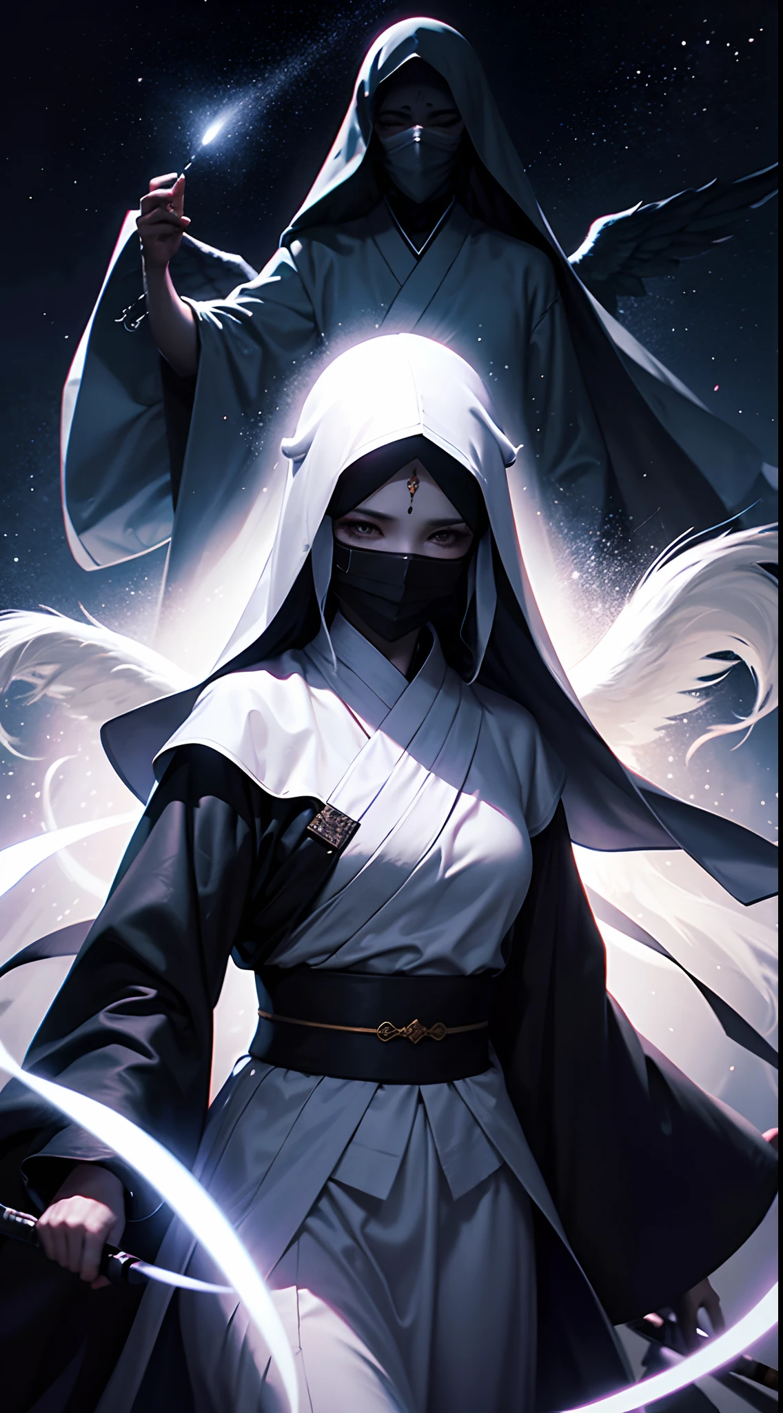 Angels no face, God-like face covering piece of cloth, hanfu, muslim Headscarf.HD lighting and dark )<=(epic image quality)dark atmosphere with bright particle light(many effects in background)