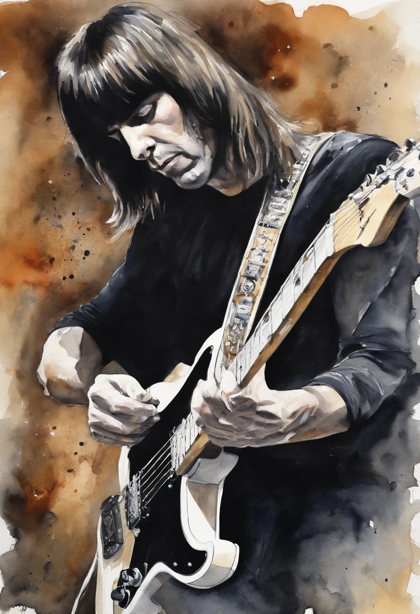 Guitarrista Johnny Ramone tocando guitarra em cima de uma montanha de gelo