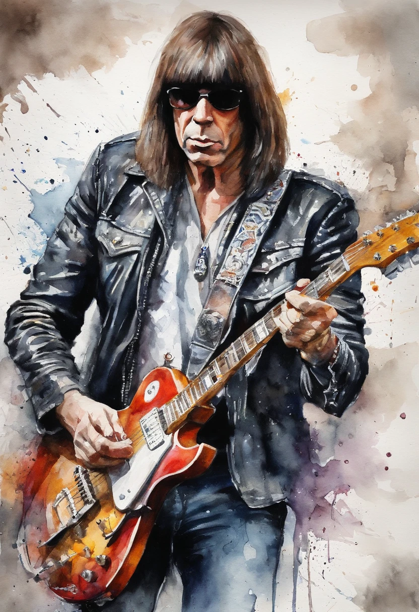 Guitarrista Johnny Ramone tocando guitarra em cima de uma montanha de gelo