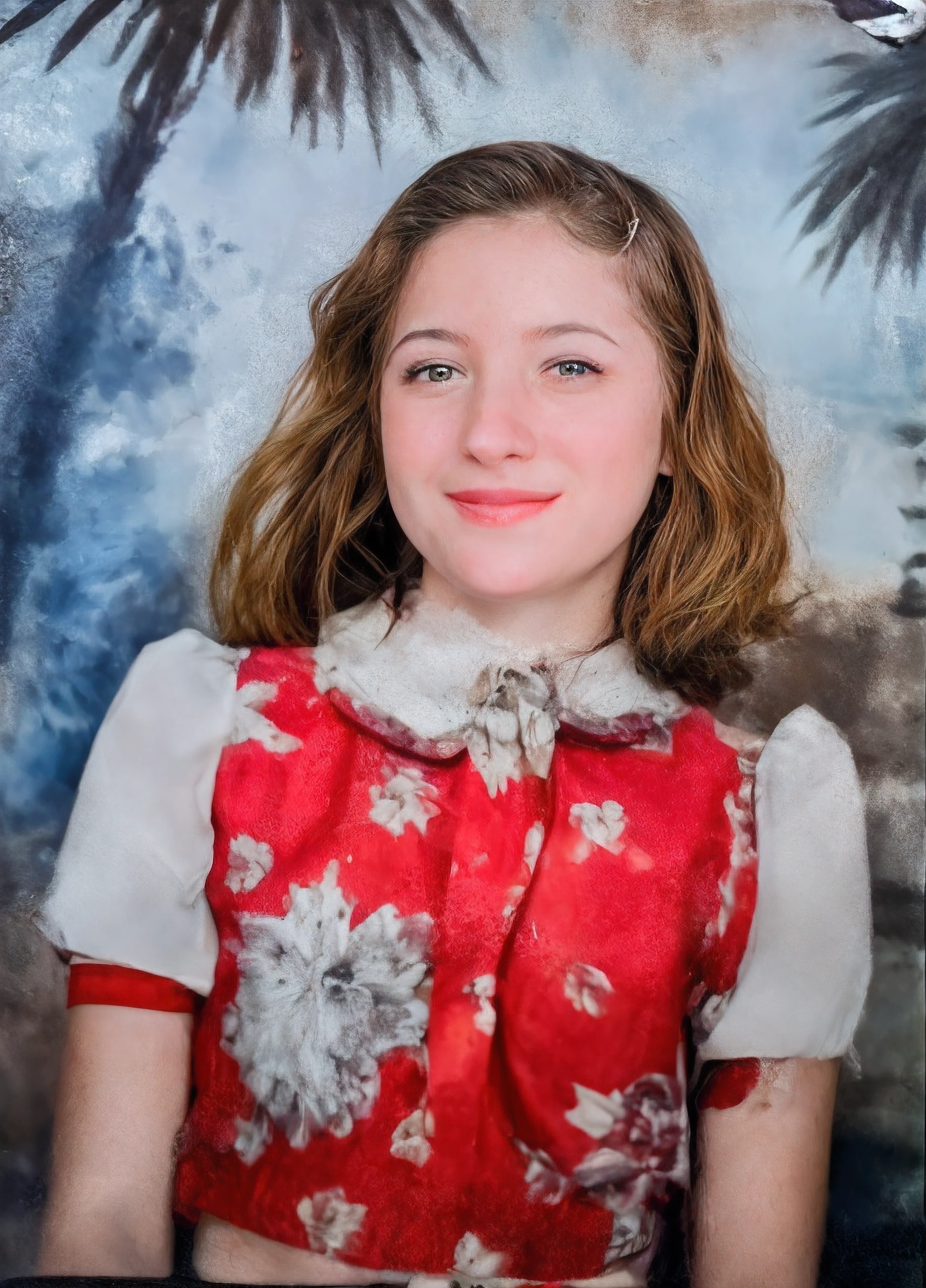 There's a young woman who's posing for a photo, color studio portrait, de cabelo loiro , olhos azuis, pele clara, usa blusa vermelha com gola branca e mangas brancas, a blusa tem desenhos de flores, raw photo, amazing photograph, best quality, 8K, high quality, Ultra detailed, (best quality), (high detailed skin, full sharp:1.2), 8k uhd, dslr, detailed face