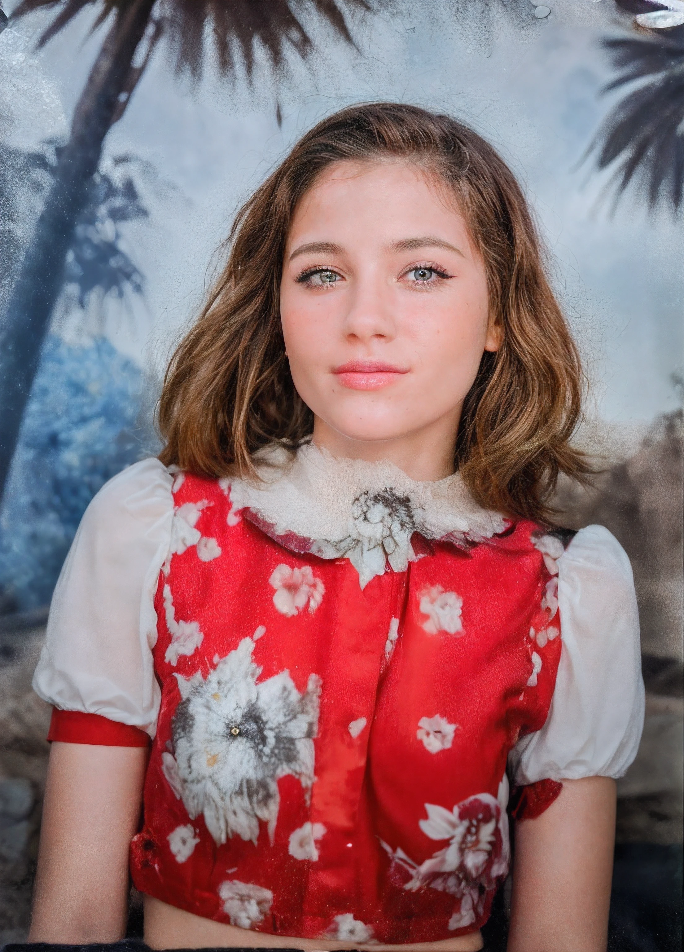 There's a young woman who's posing for a photo, color studio portrait, de cabelo loiro , olhos azuis, pele clara, usa blusa vermelha com gola branca e mangas brancas, a blusa tem desenhos de flores, raw photo, amazing photograph, best quality, 8K, high quality, Ultra detailed, (best quality), (high detailed skin, full sharp:1.2), 8k uhd, dslr, detailed face
