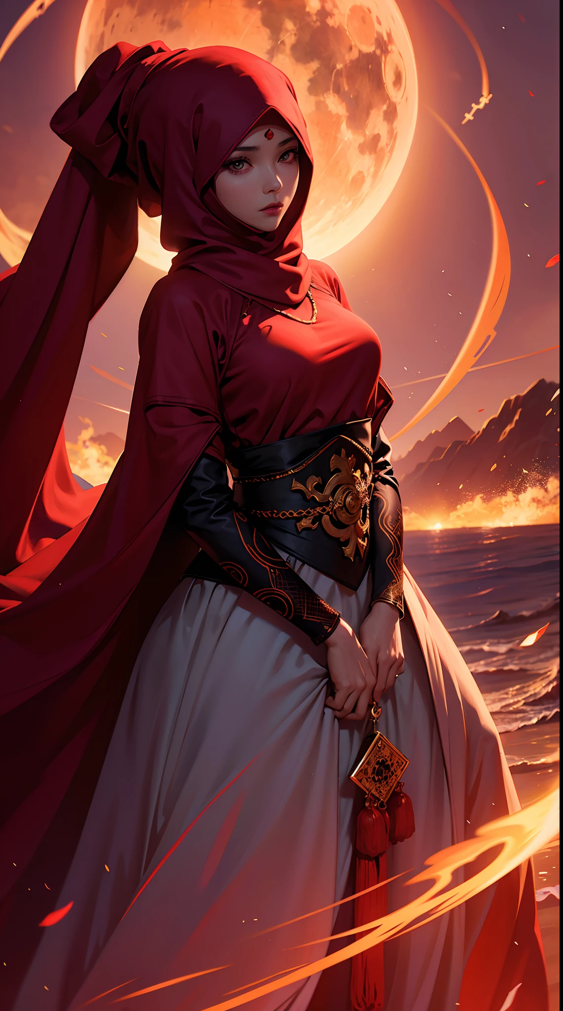 Muslim woman, Angels no face, God-like face covering piece of cloth, hanfu, Headscarf, red sunset efect, hd background,HD lighting and dark )<=(epic image quality)dark atmosphere with bright particle light(many effects in background)
