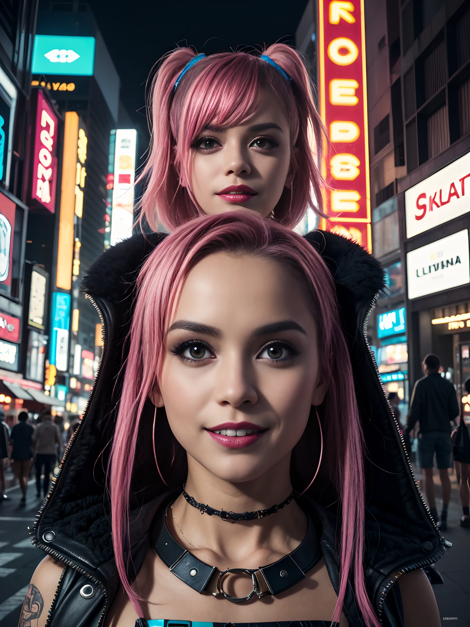 master part, best quality, 2 ((sorridente)) garotas cyberpunk juntas, Arreio corporal cyberpunk inspirado em Harajuku, bold colors and patterns, Attractive accessories, penteado moderno e inovador, deslumbrante paisagem urbana de Cyberpunk, skyscrapers, bright neon signs, luzes led, anime illustration, Textura detalhada da pele, textura de pano detalhada, Rosto bonito e detalhado, detalhes intrincados, ultra detalhado, Cinematic lighting, Contraste forte.