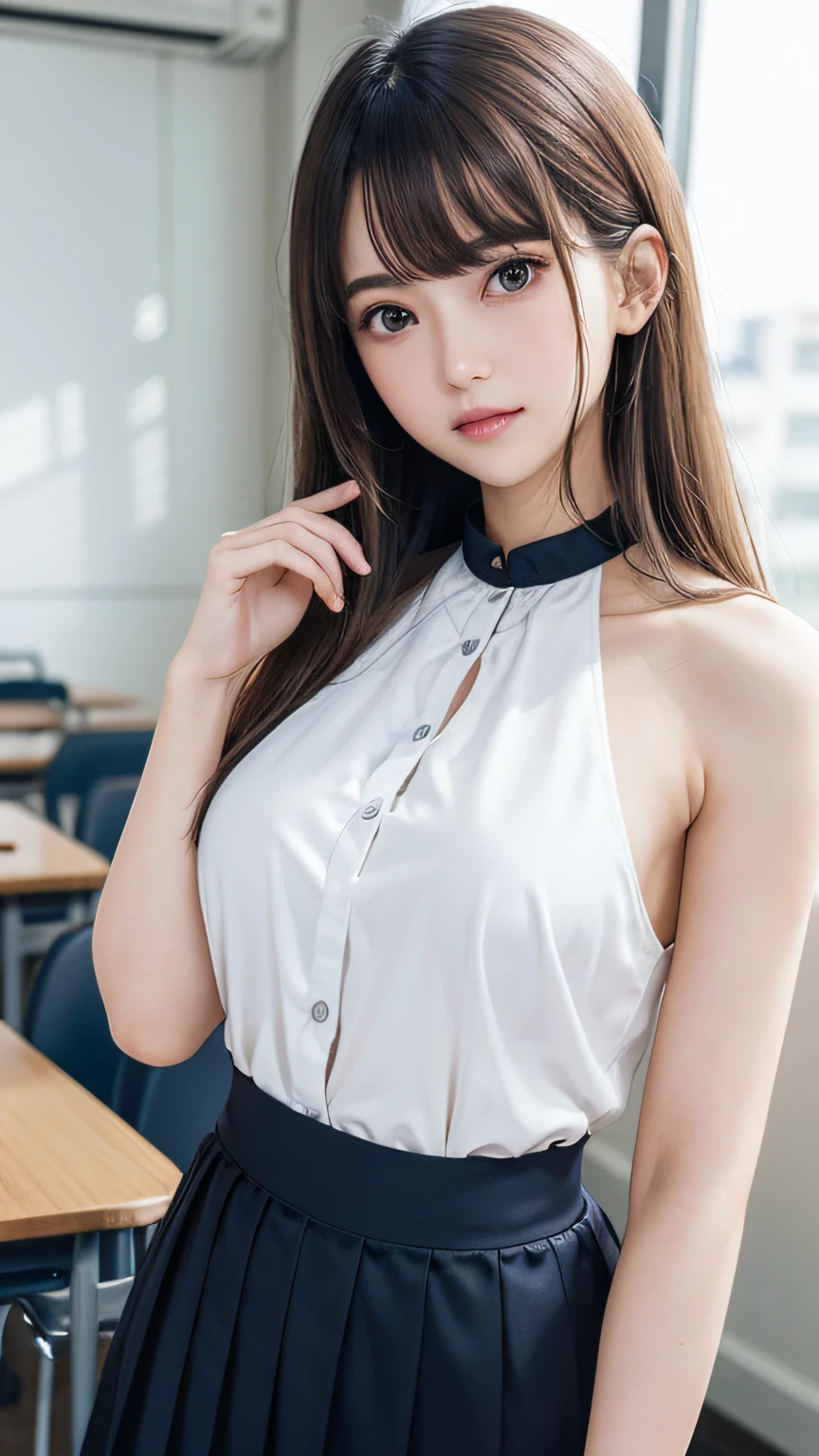 1womanl, up of face, mideum breasts, light brown hair, Blunt bangs, hair behind ear, hair over shoulder, Long hair, slender body shape, Ultra Fine Face, Thin face, Delicate lips, Beautiful eyes, thin blush, eyes are light brown, perfect glossy skin, flawless skin, Glistening sweat,View here, Ultra-thin hands, Ultra-fine fingers, best ratio four finger and one thumb, (realisitic:1.3), Finger Extensions, White dress shirts、Dark blue pleated skirt、Classroom, One-person viewpoint, Fuji Film, F/1.2, 8K, masutepiece, nffsw, Super Detail, High quality, Best Quality, hight resolution,