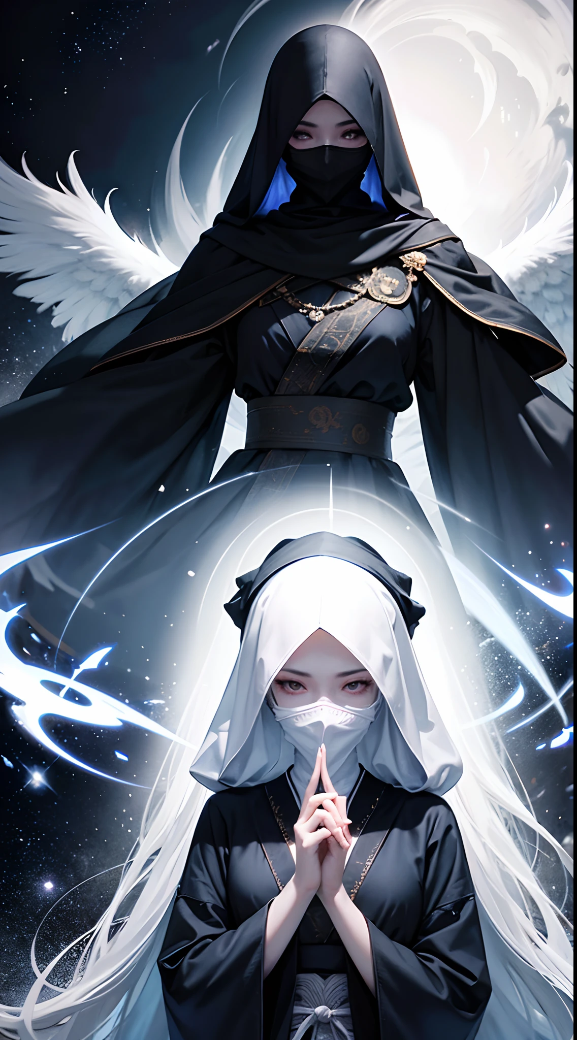 Angels no face, God-like face covering piece of cloth, hanfu, muslim Headscarf.HD lighting and dark )<=(epic image quality)dark atmosphere with bright particle light(many effects in background)